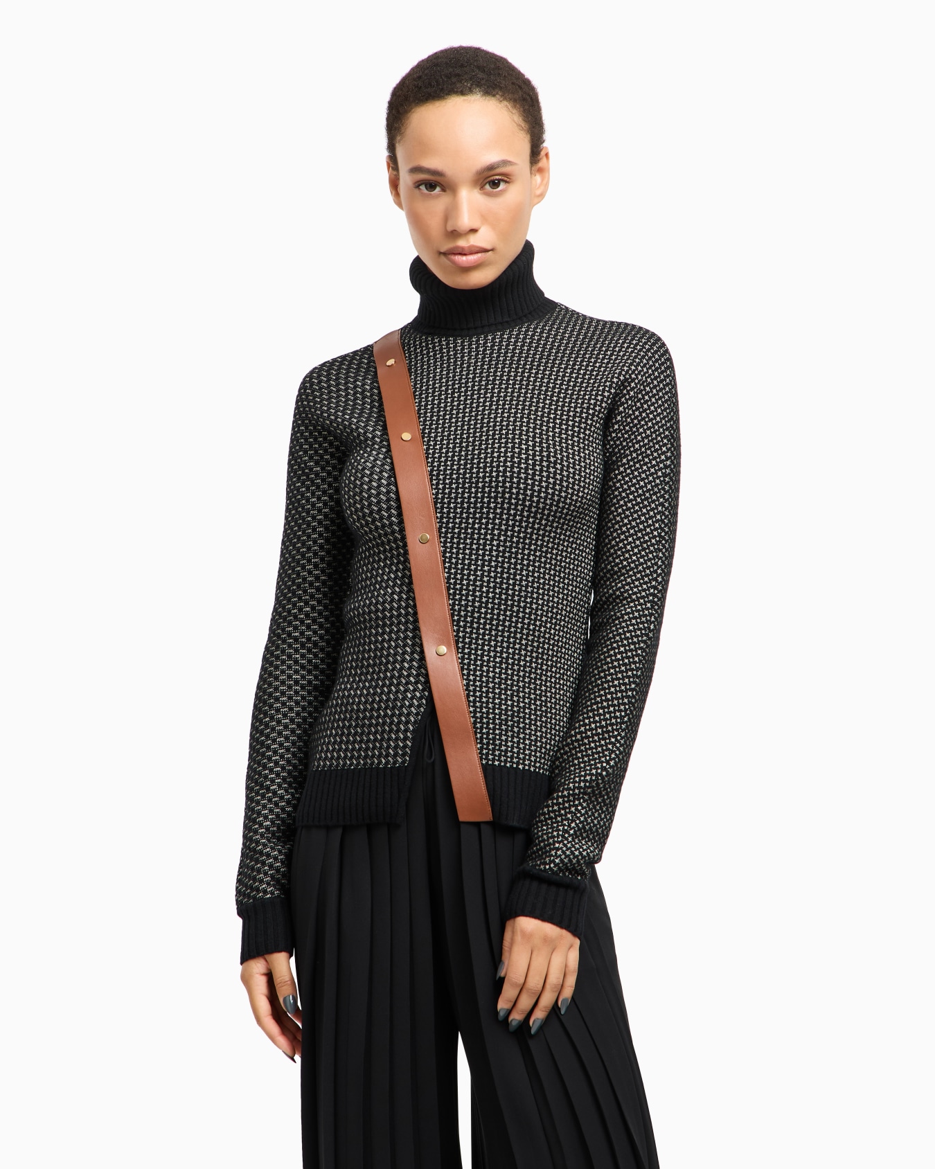 Jacquard wool and cashmere mock-neck jumper with leather detail Slide 3