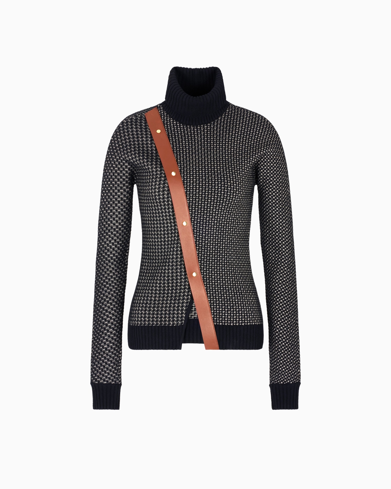 Jacquard wool and cashmere mock-neck jumper with leather detail Slide 0