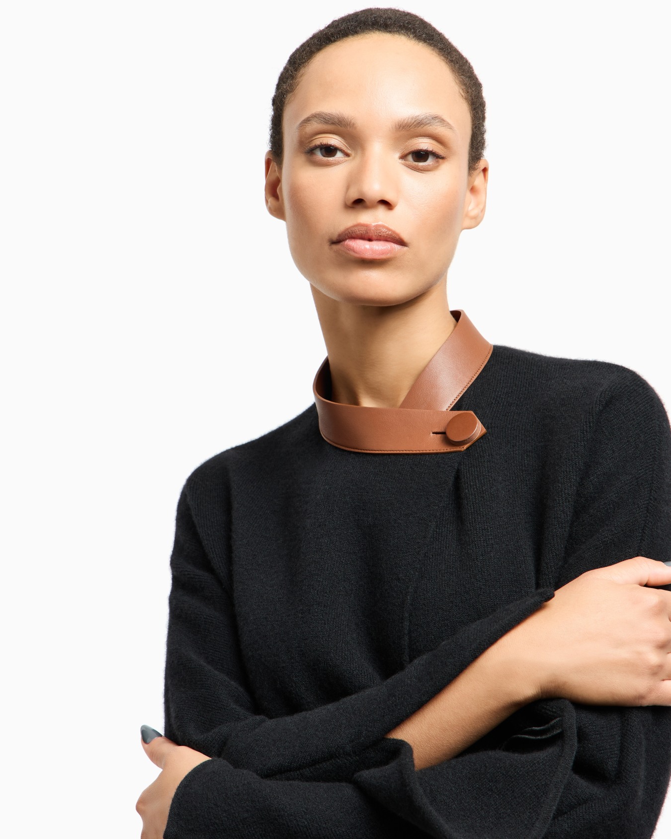 Long coat in bonded wool and cashmere with leather details Slide 5