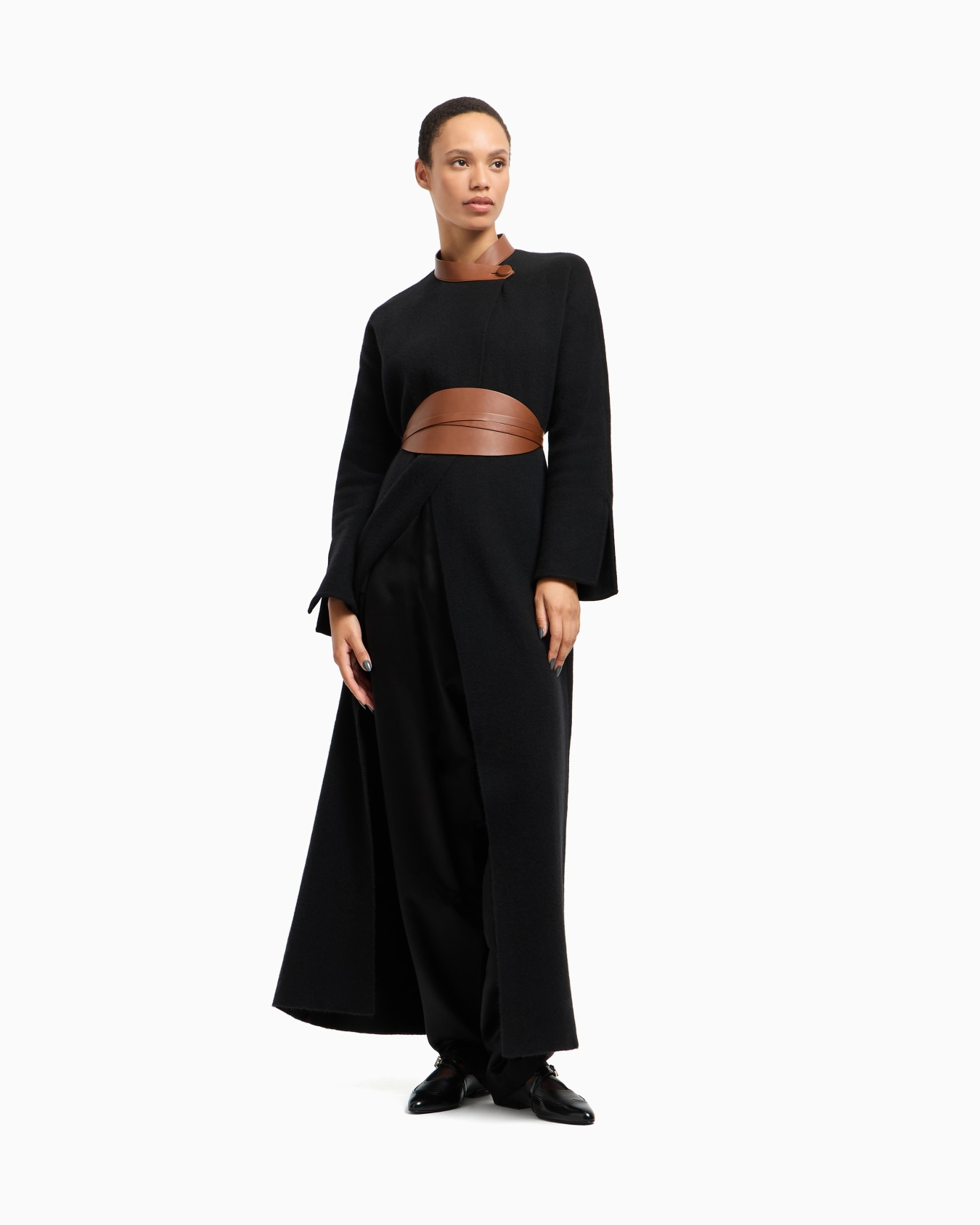 Long coat in bonded wool and cashmere with leather details Slide 2