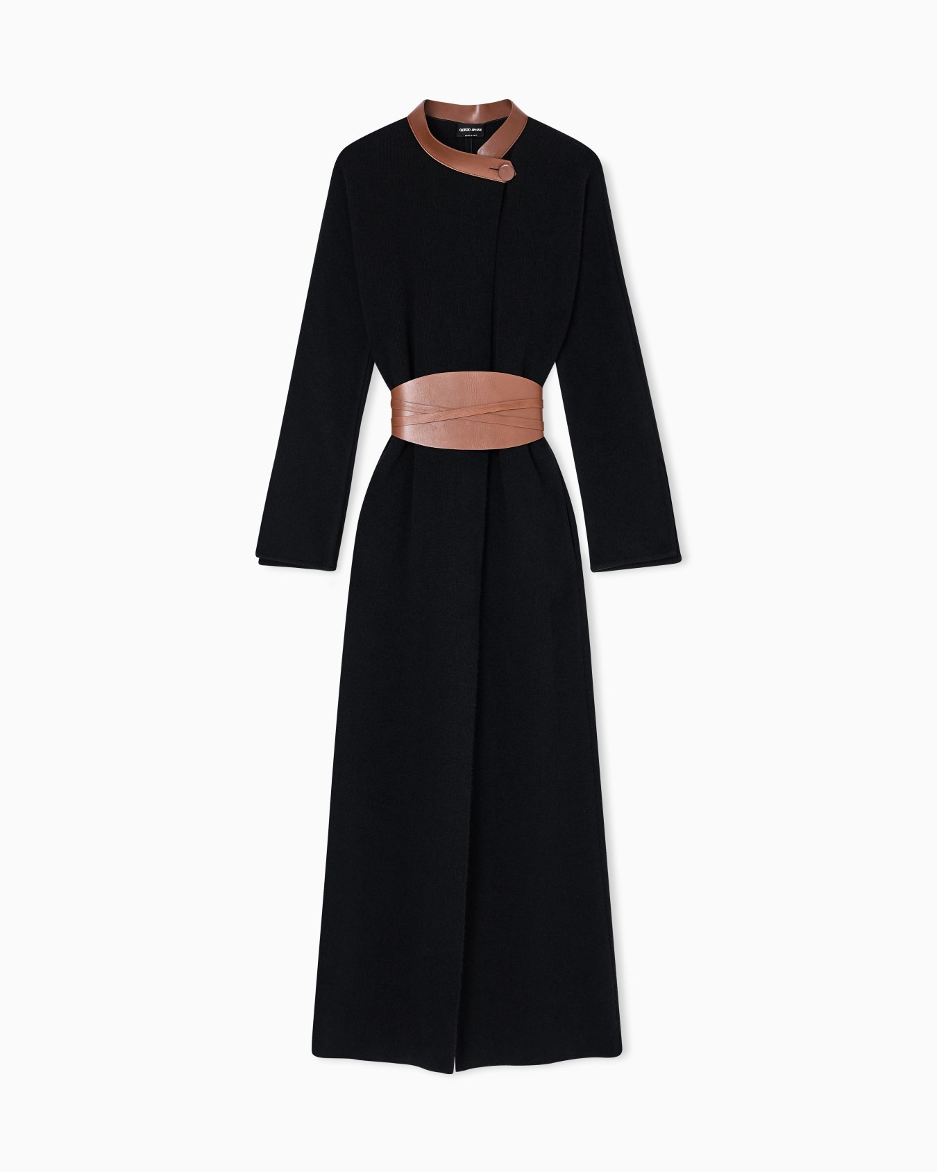 Long coat in bonded wool and cashmere with leather details Slide 0