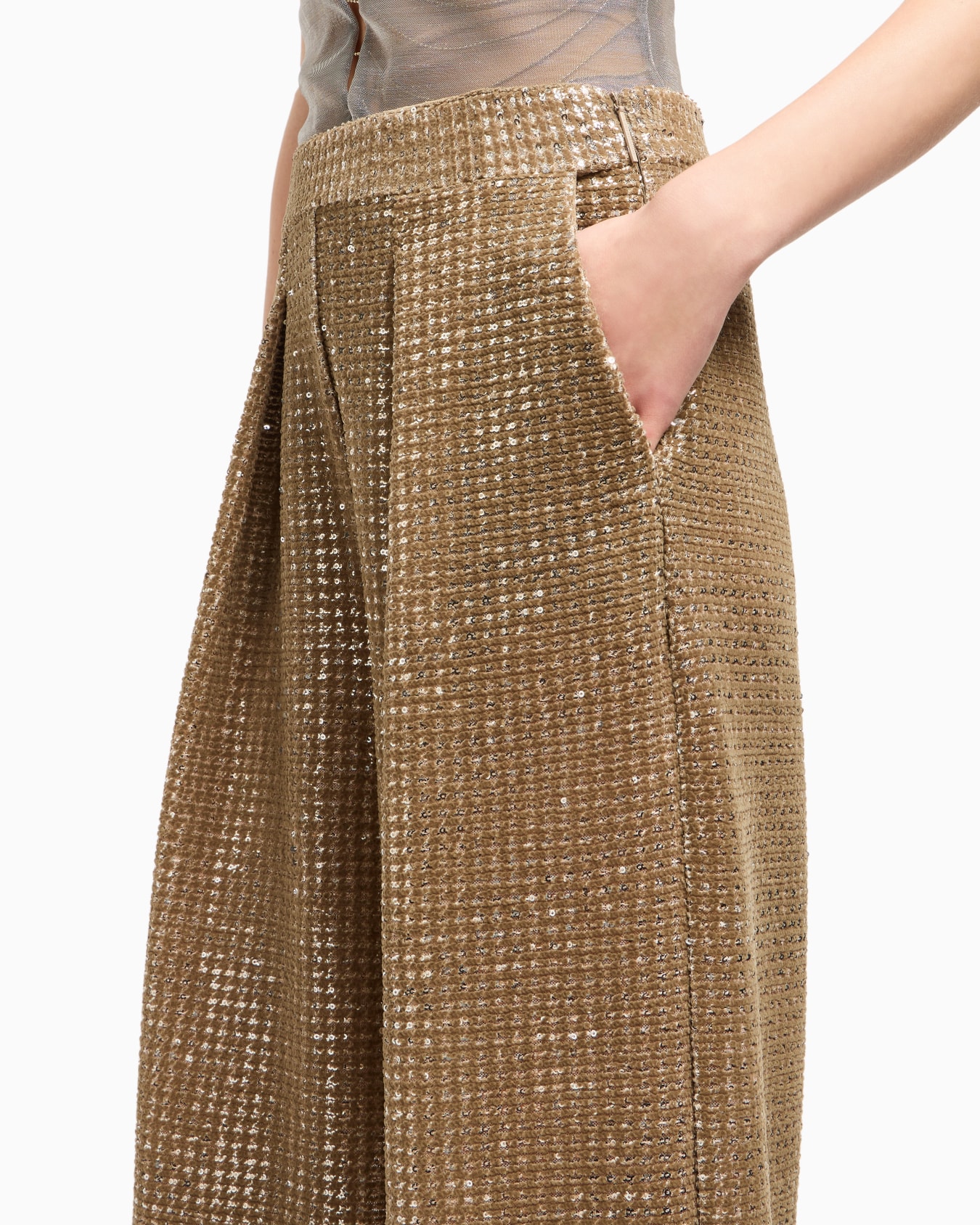 Pantaloni a una pince in jersey con stampa flock e paillettes Slide 5