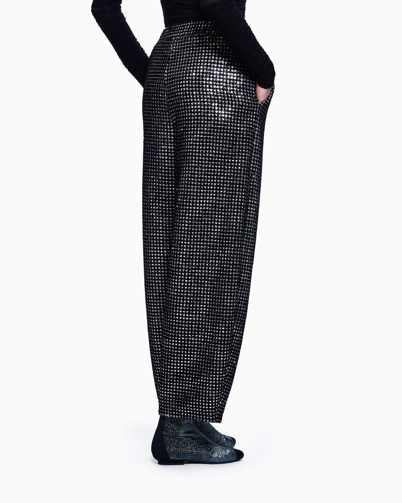Single-pleat jersey trousers with a flocked print and sequins Slide 2