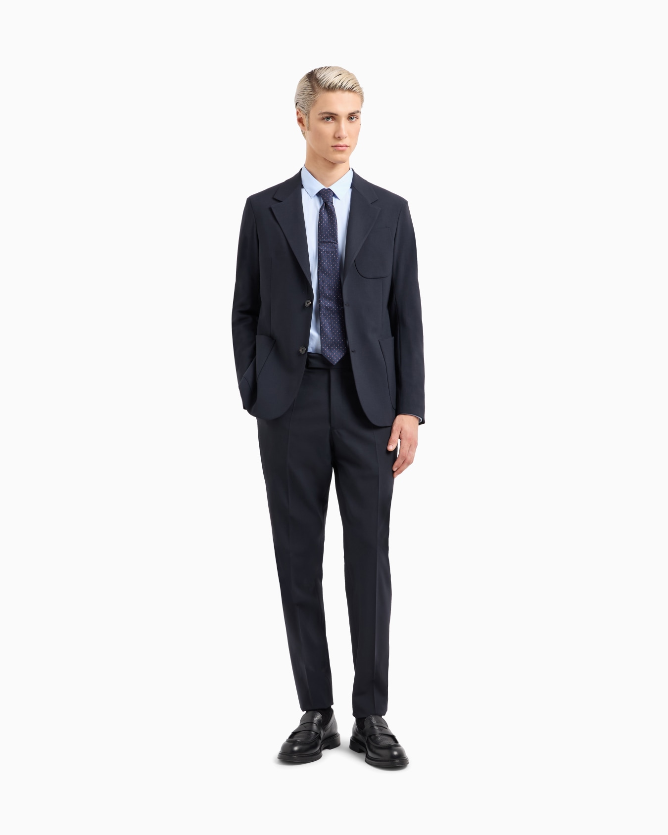Single-breasted suit in virgin-wool two-way stretch canvas Slide 1