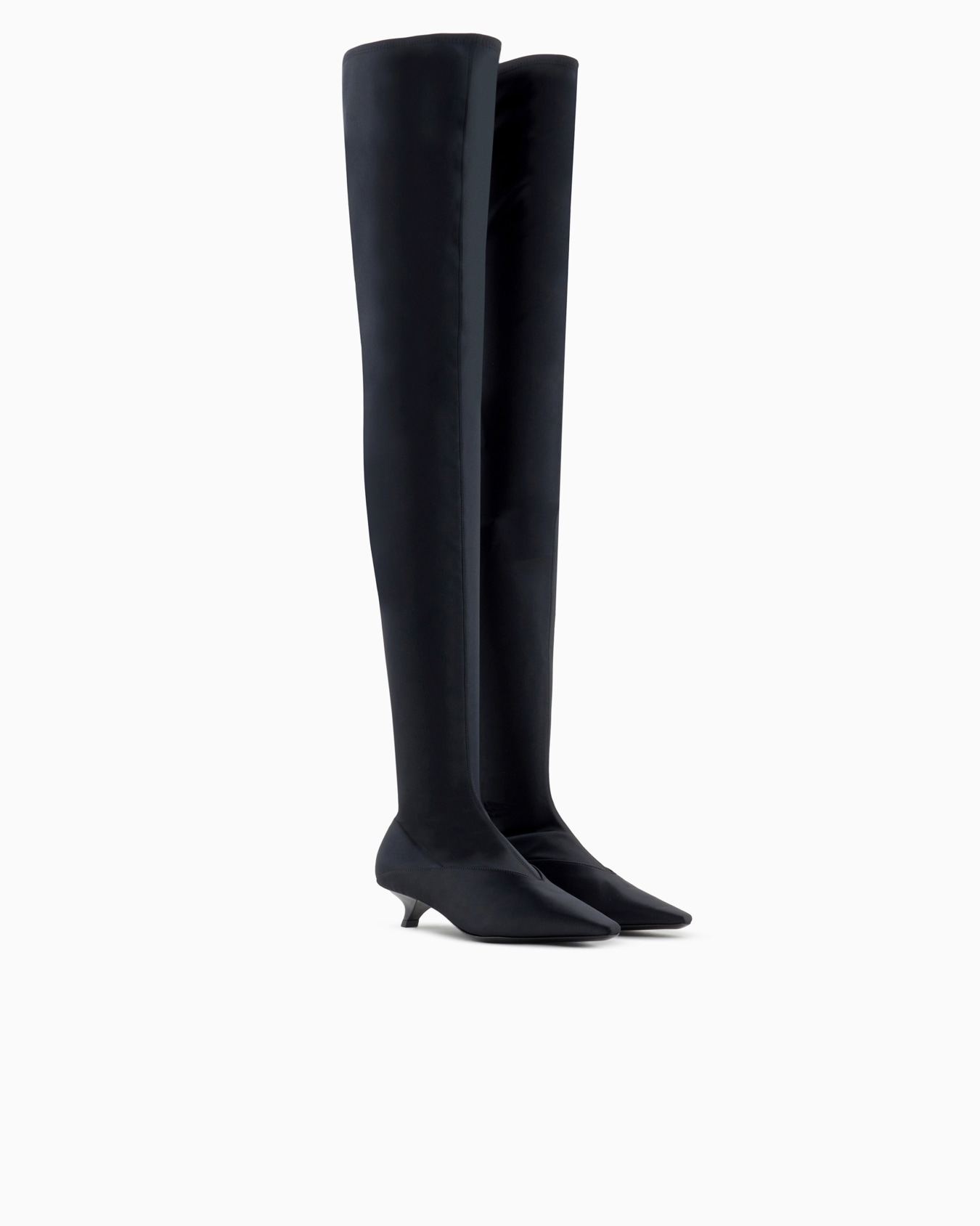 Stretch-satin thigh-high boots with a kitten heel Slide 1