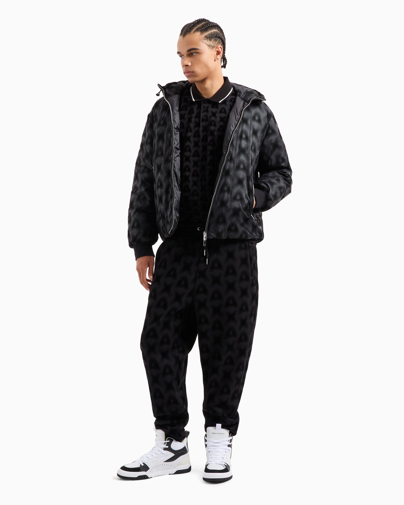 Padded and quilted jacket with high collar and allover logo Slide 3