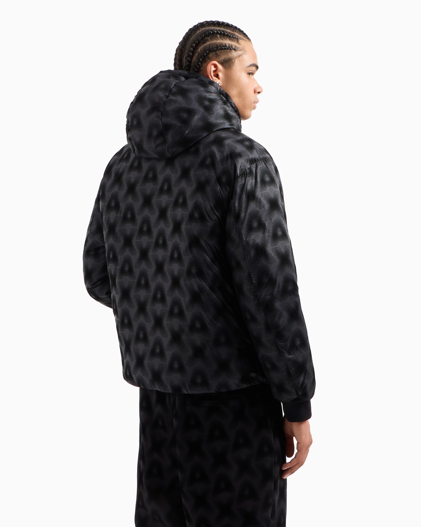 Padded and quilted jacket with high collar and allover logo Slide 2