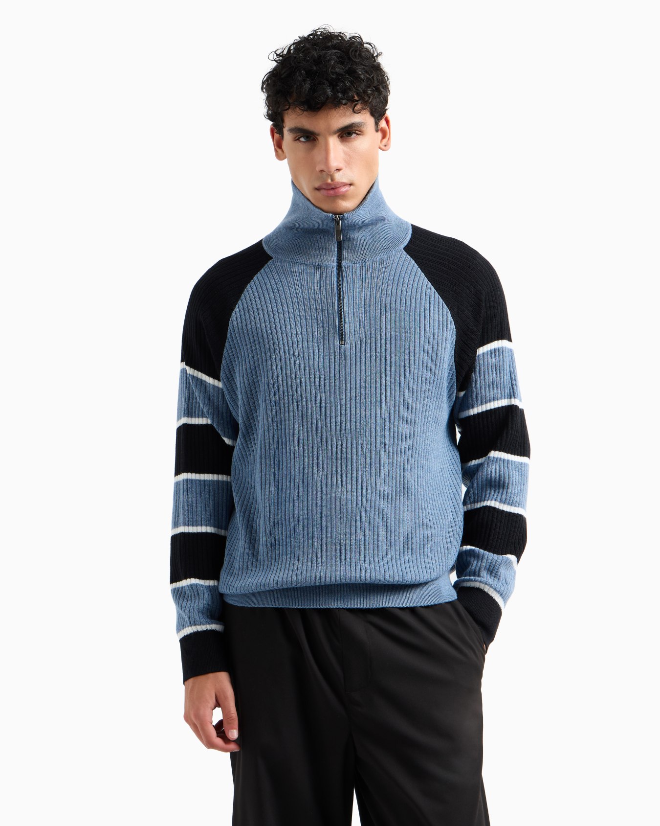 Zip-up sweater with striped sleeves Slide 3