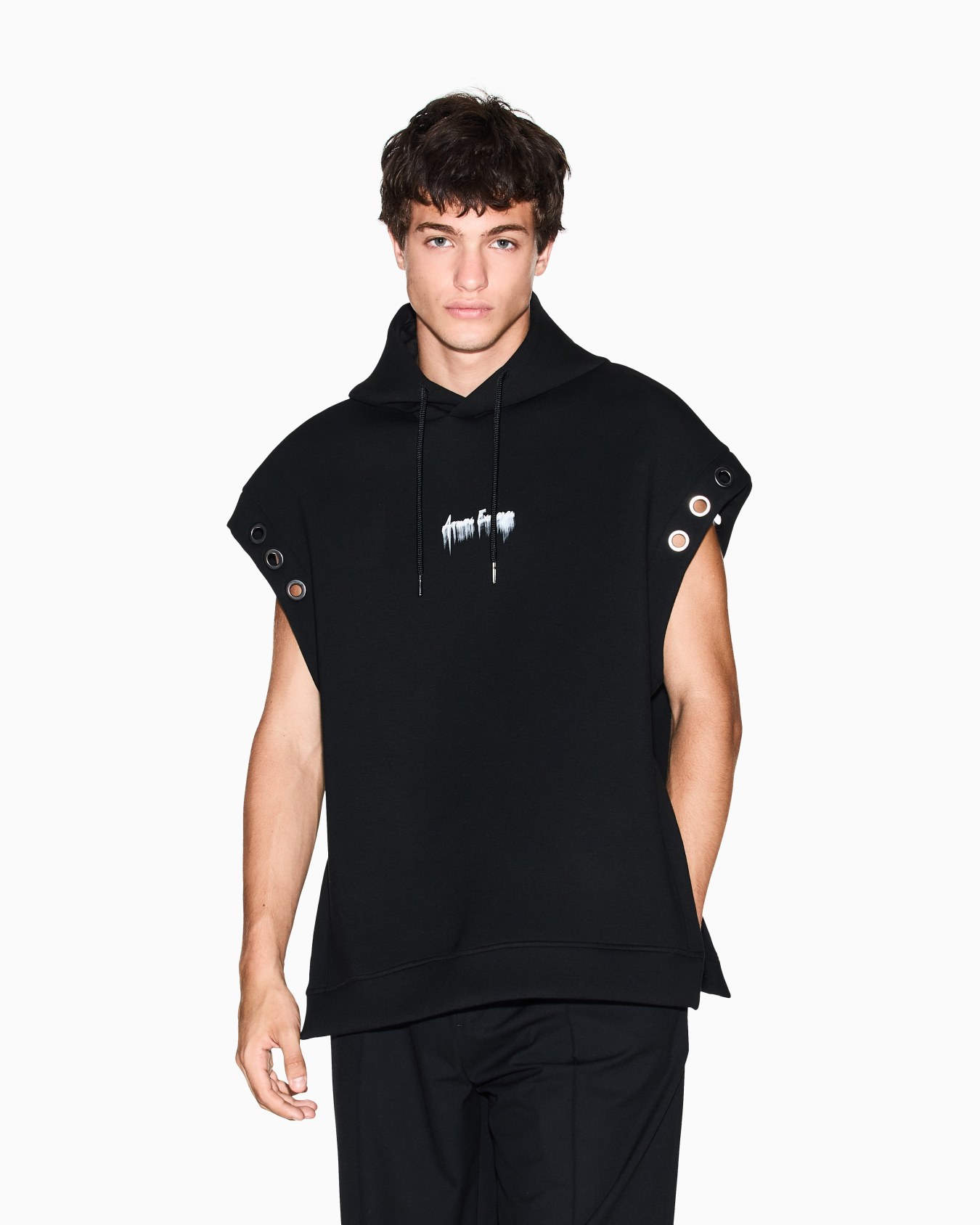 BLACK SLEEVELESS LOGO EYELET HOODIE Diapositive 3