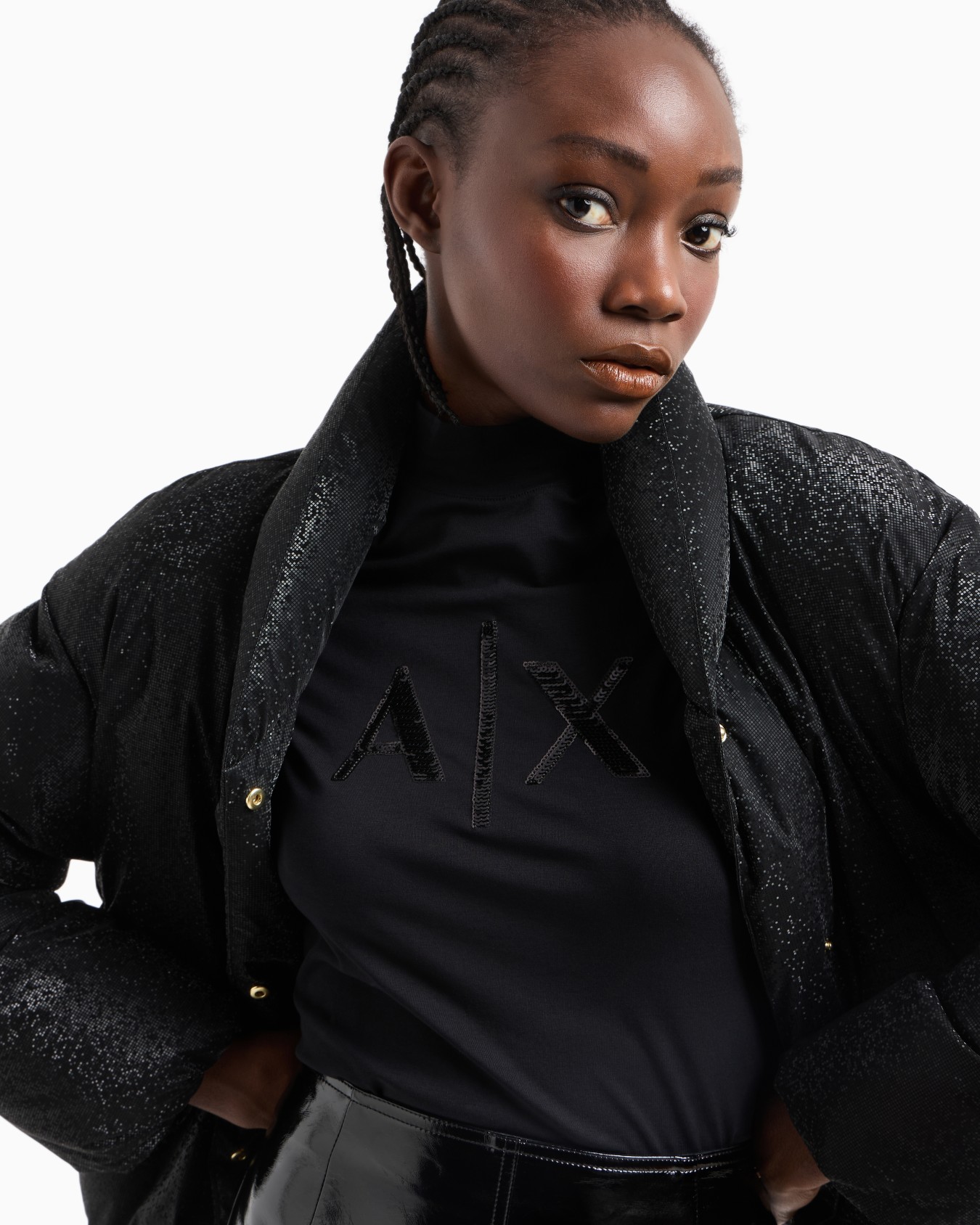 Long-sleeved sweater with high neck and sequin logo Slide 4