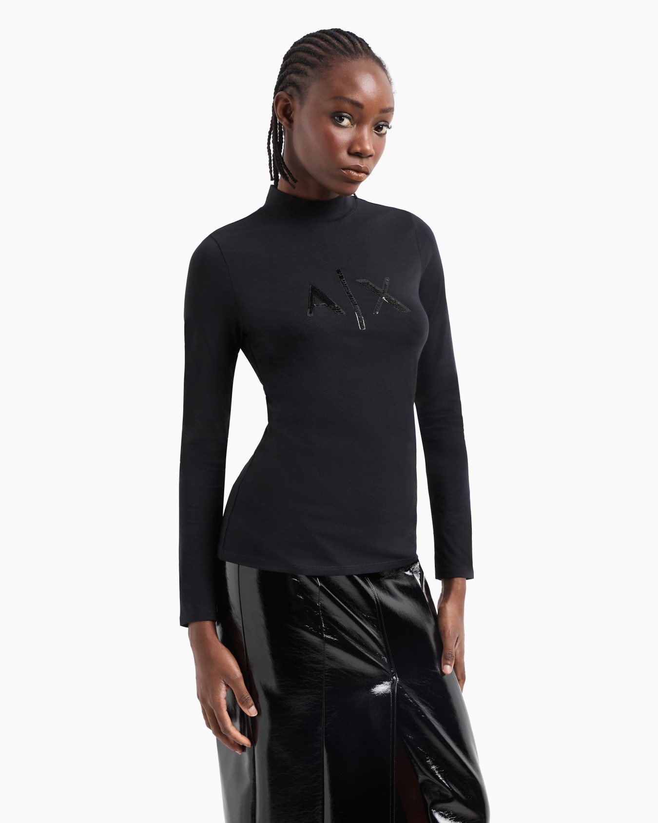 Long-sleeved sweater with high neck and sequin logo Slide 1