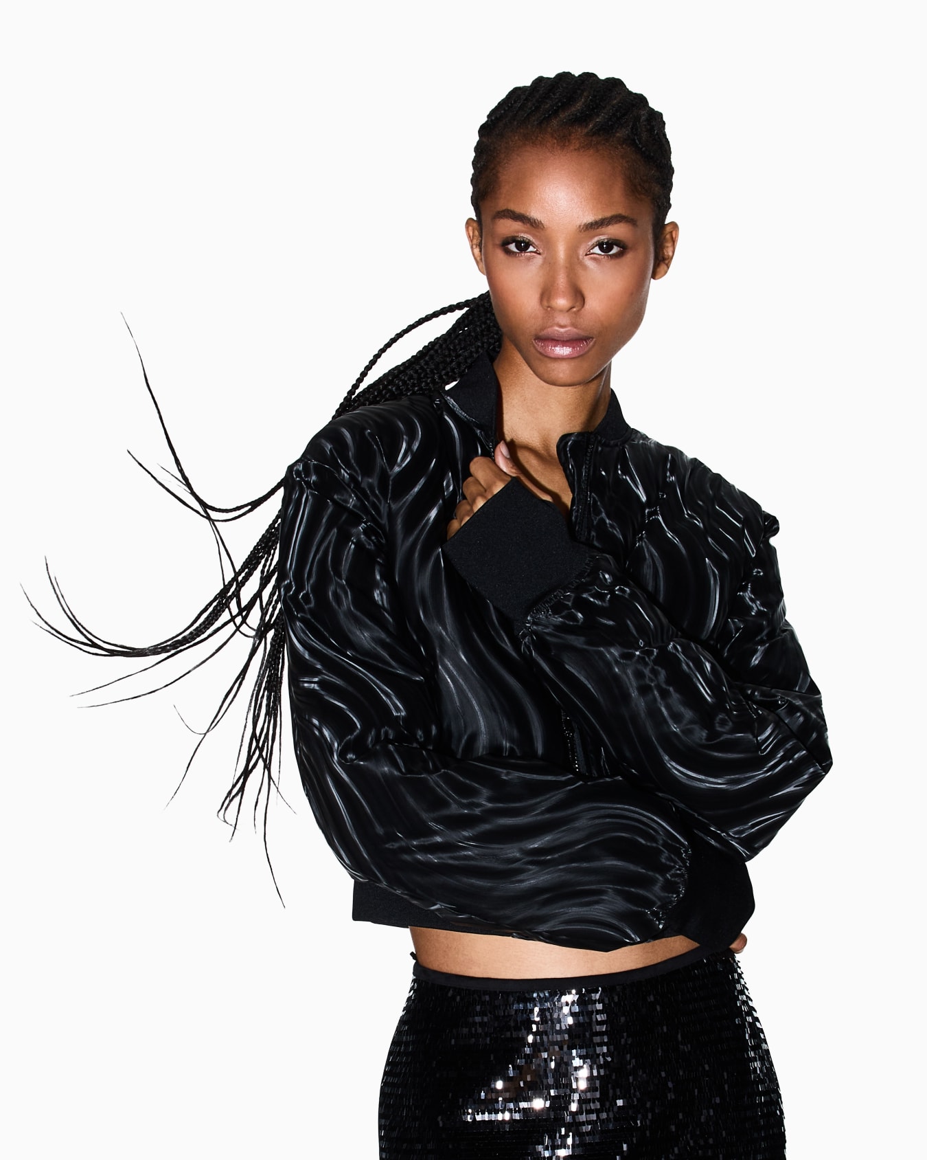  Short Bomber Jacket with Embossed Pattern Slide 4