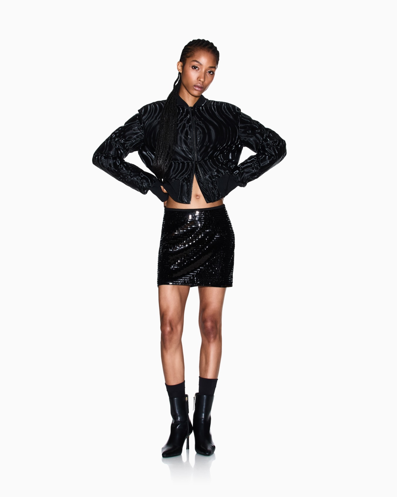  Short Bomber Jacket with Embossed Pattern Slide 1