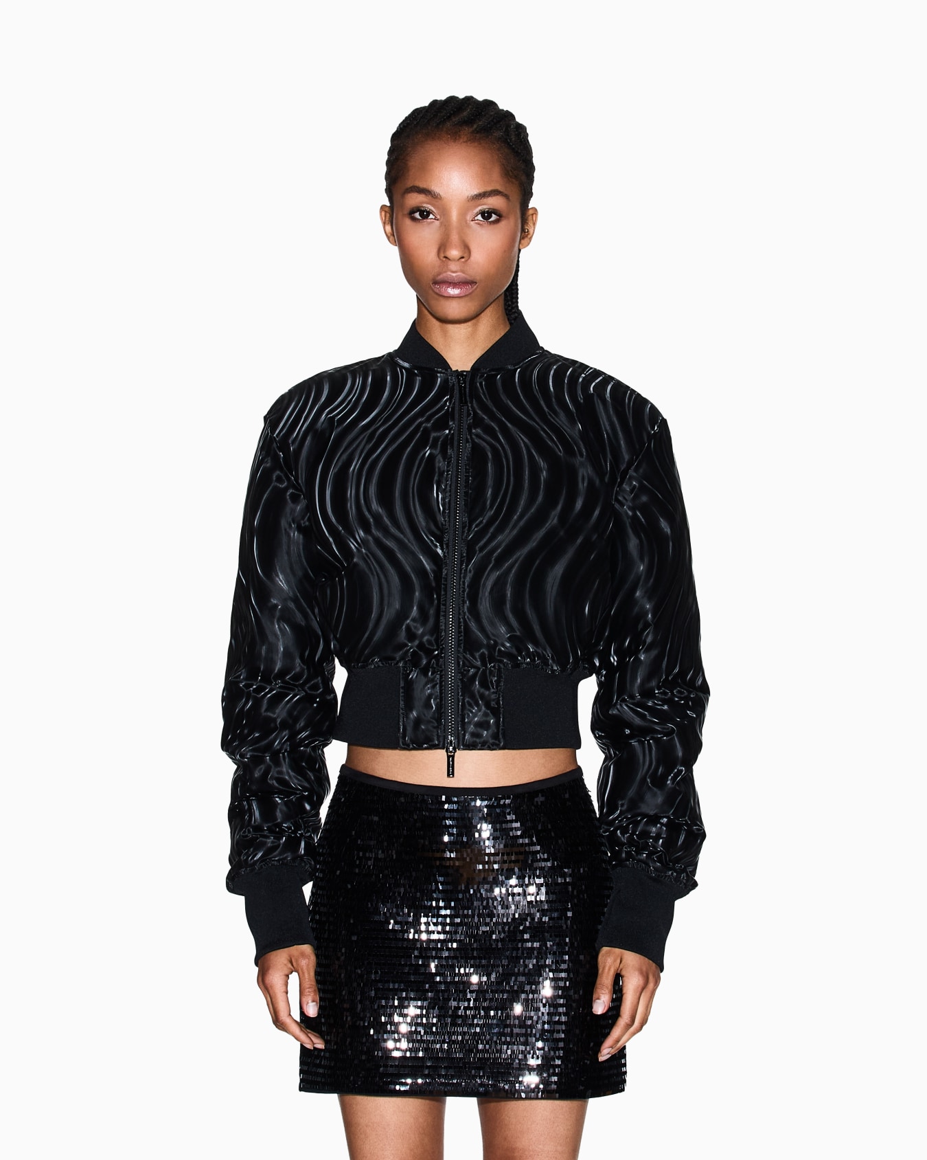  Short Bomber Jacket with Embossed Pattern Slide 3