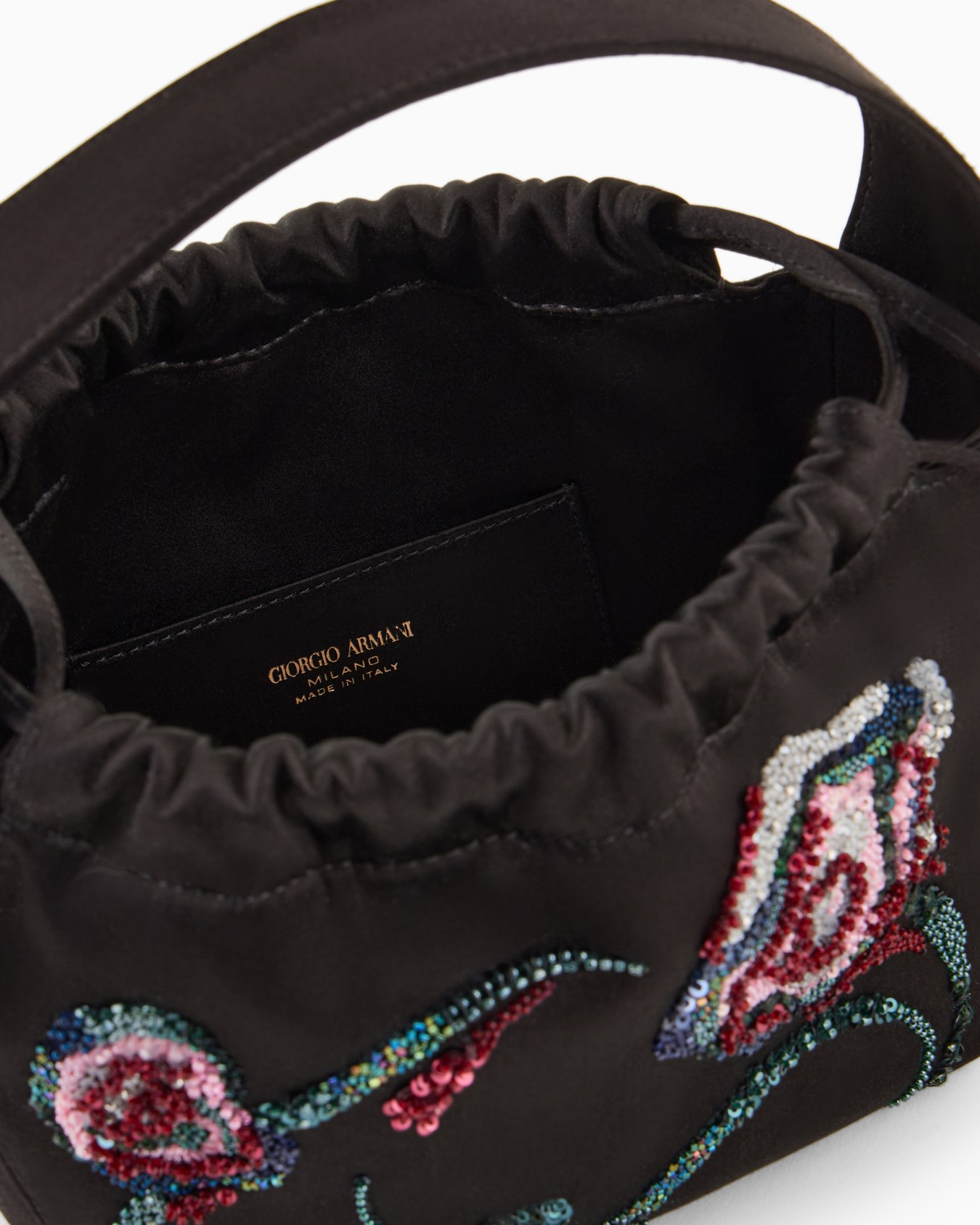 Embroidered satin small bucket bag Slide 3
