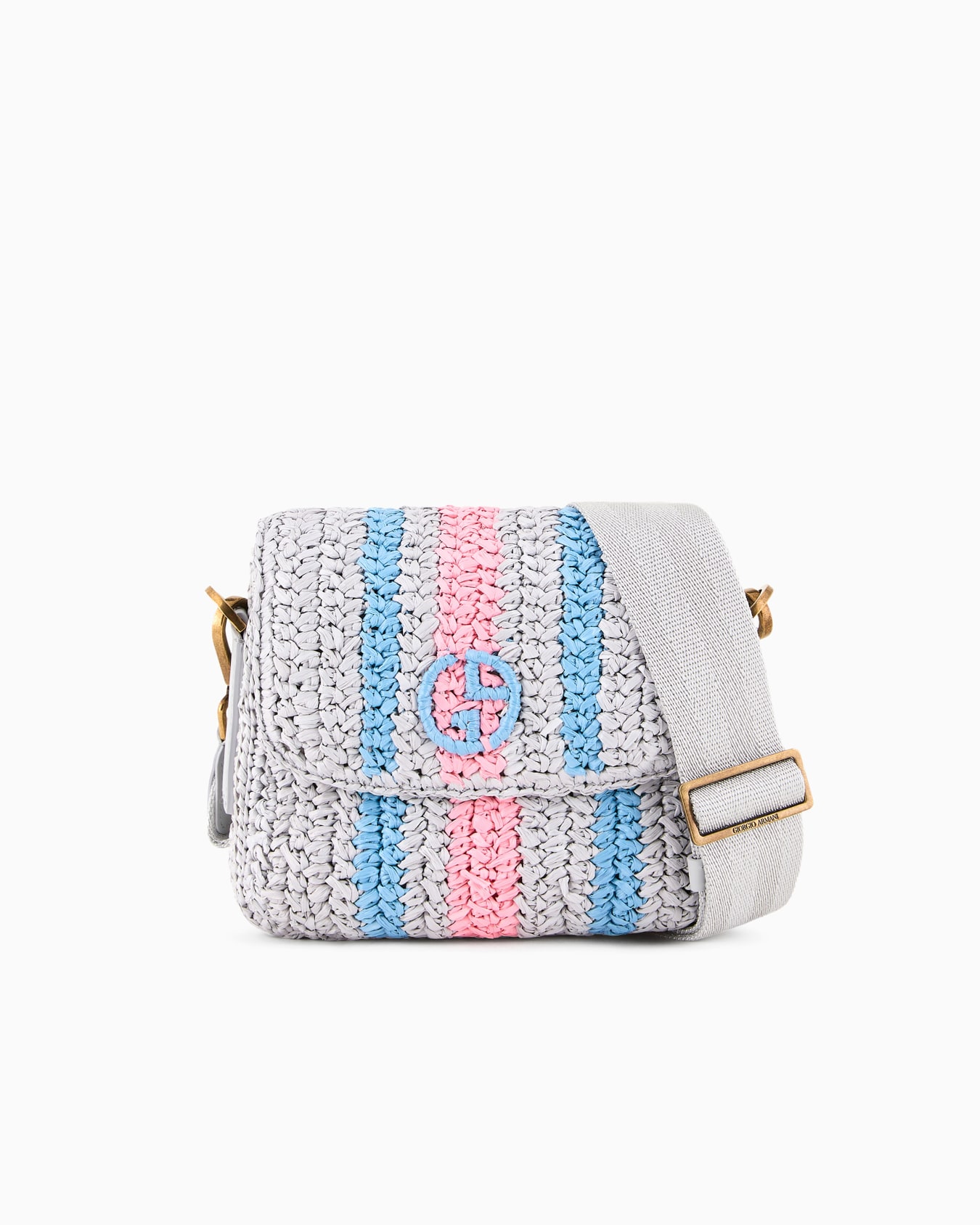 Borsa la Prima in rafia intrecciata a righe con tracolla a nastro Slide 0