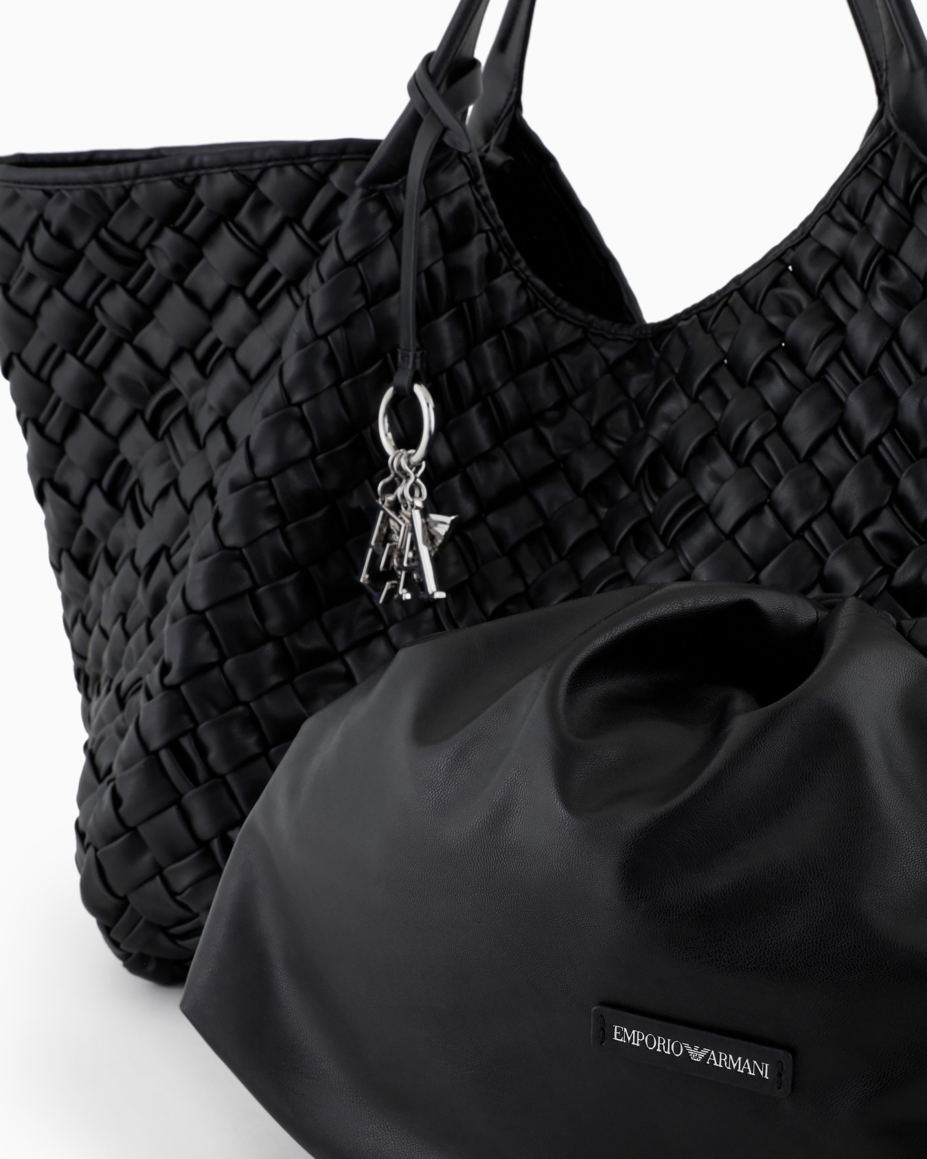 Oversized nappa leather-effect interwoven shopper bag with logo charm Slide 4