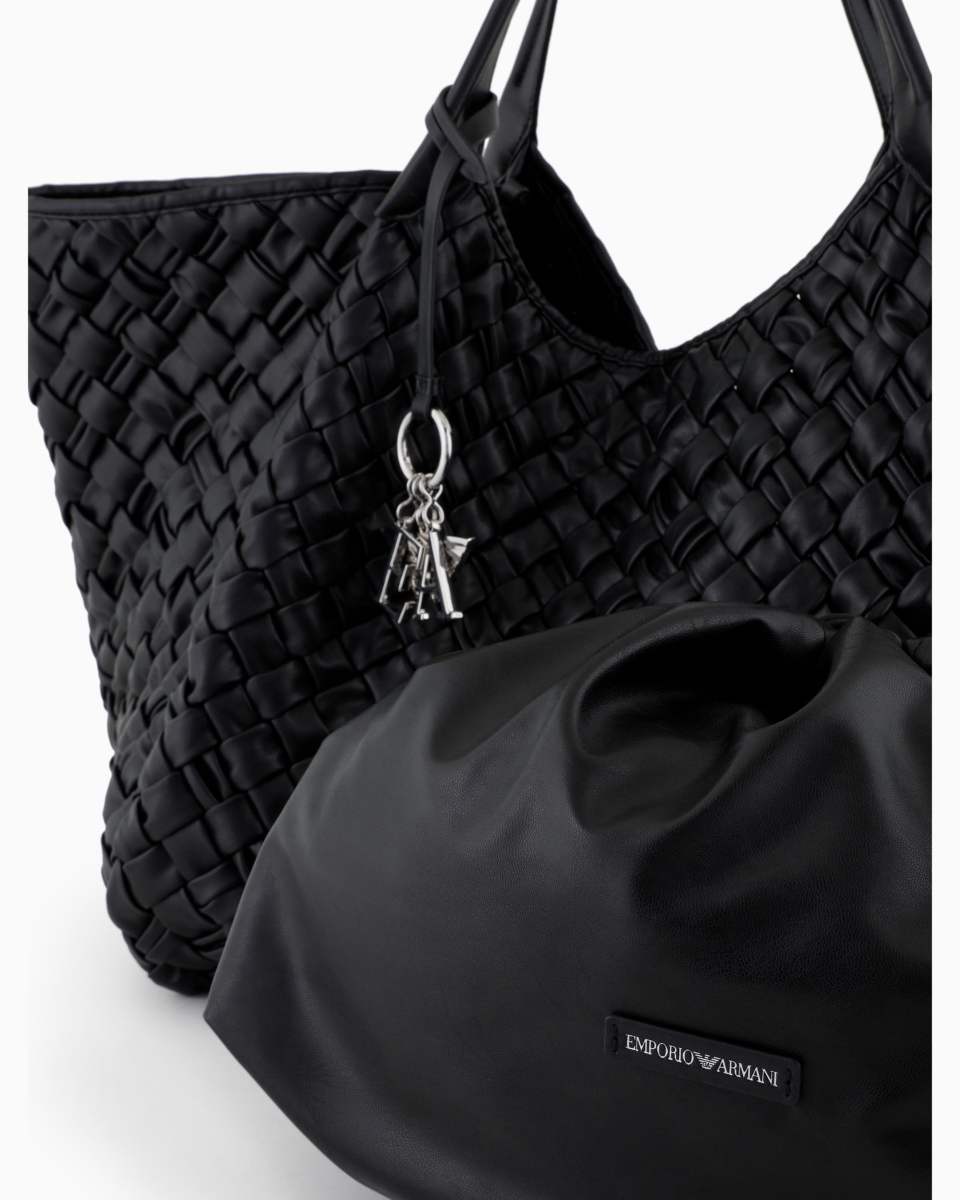 Oversized nappa leather-effect interwoven shopper bag with logo charm Slide 4
