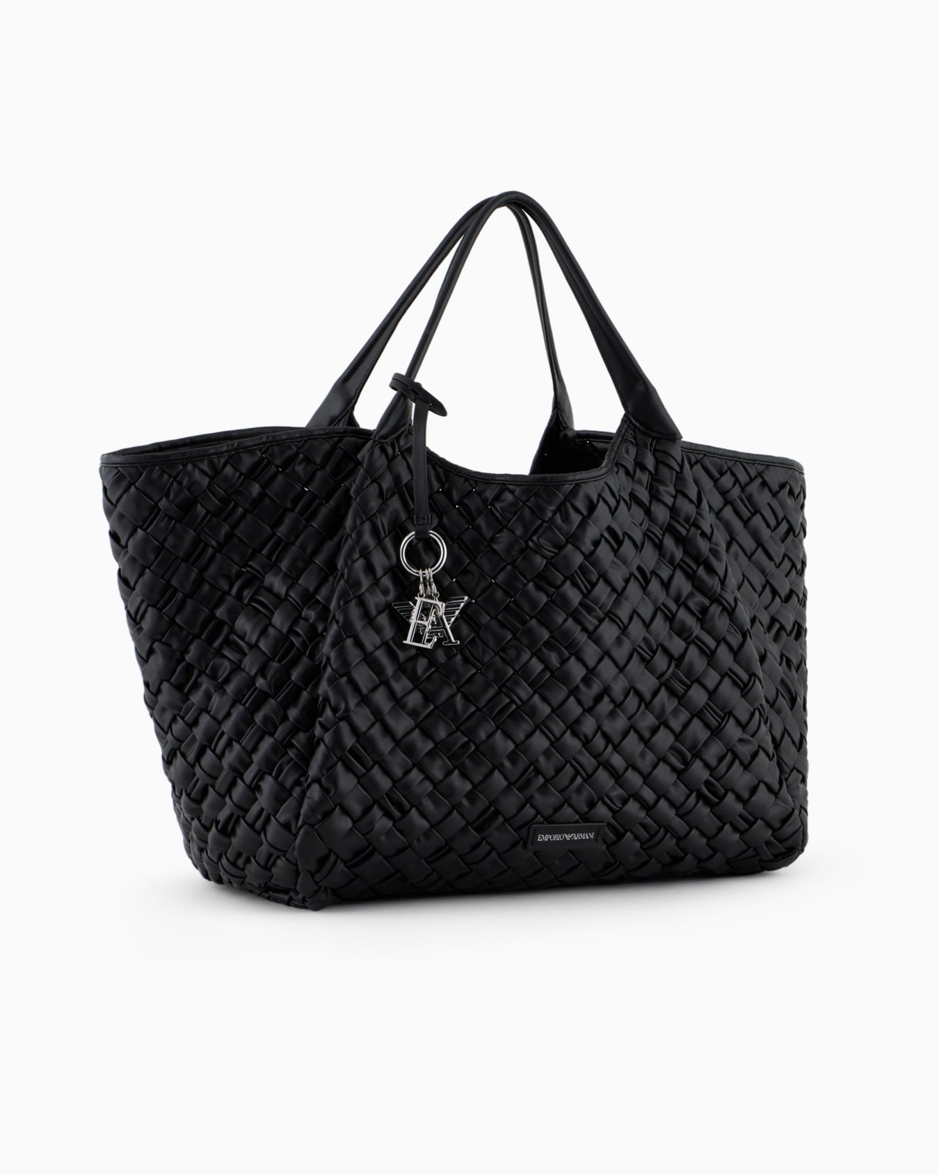 Oversized nappa leather-effect interwoven shopper bag with logo charm Slide 1