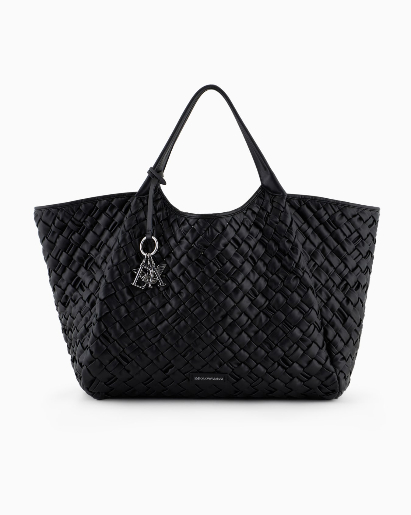 Oversized nappa leather-effect interwoven shopper bag with logo charm Slide 0