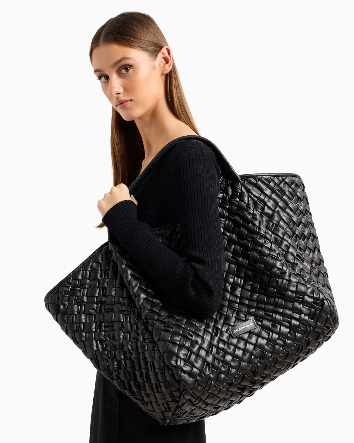 Oversized nappa leather-effect interwoven shopper bag with logo charm Slide 5
