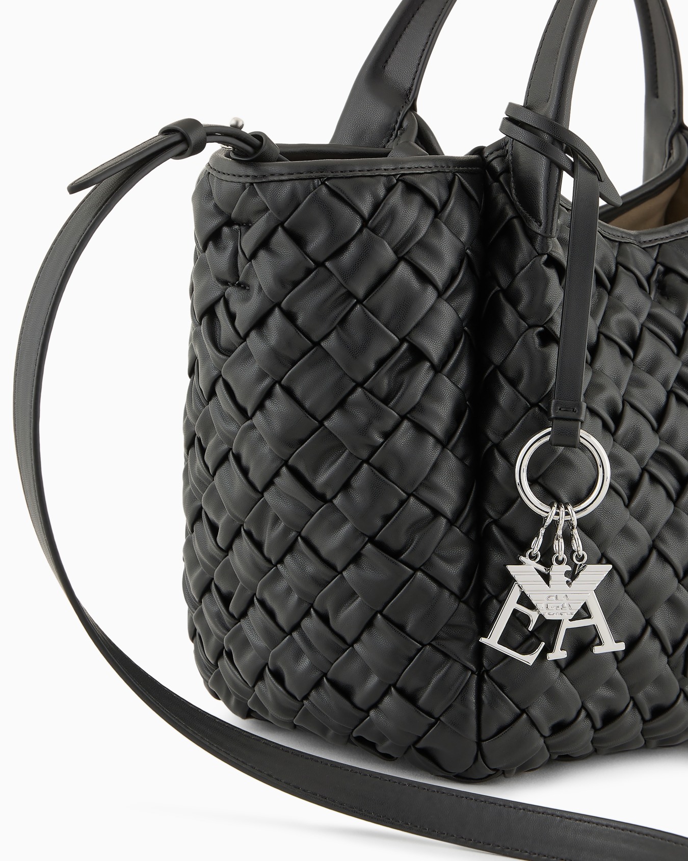 Nappa leather-effect interwoven shopper bag with logo charm Slide 4