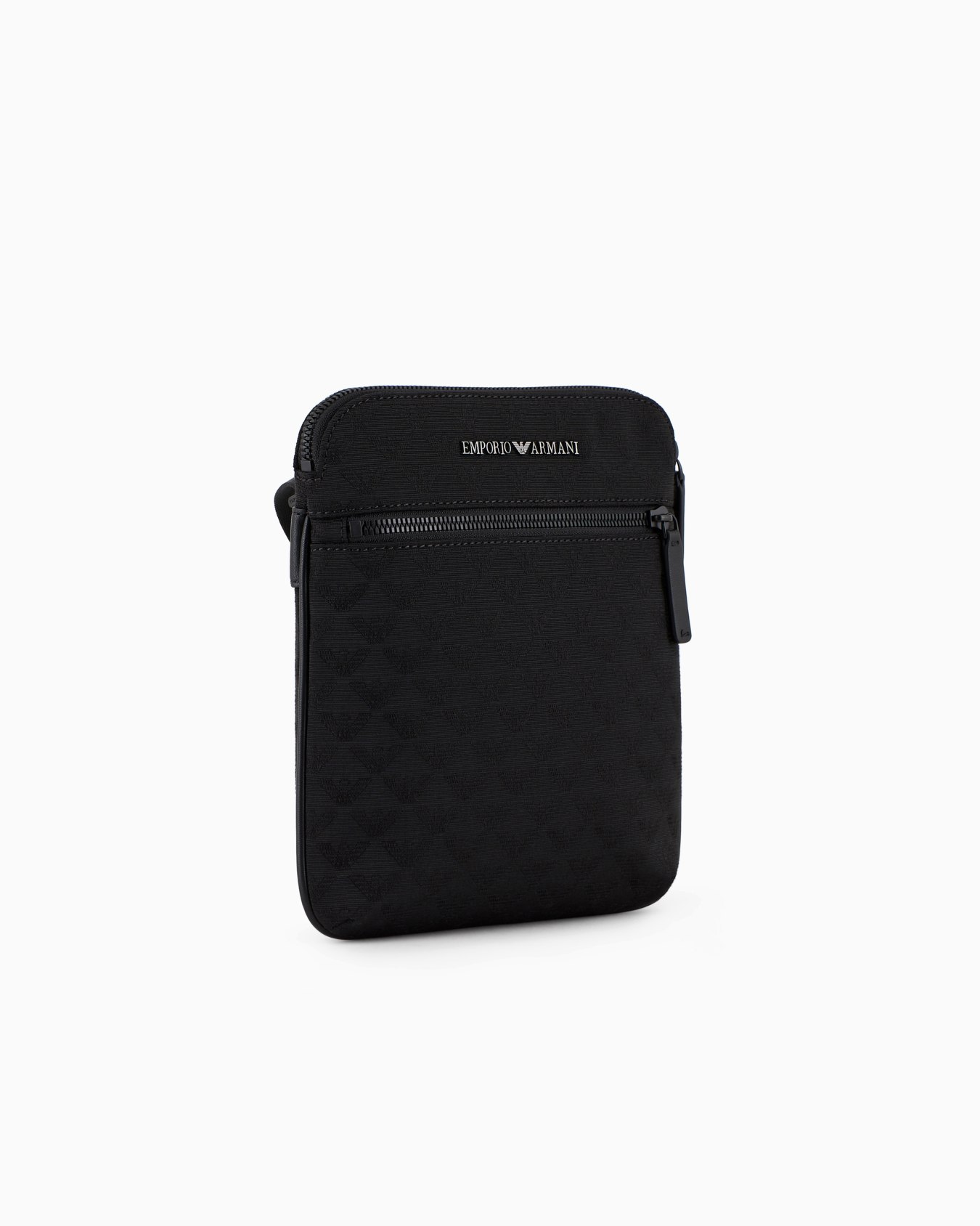 Flat nylon shoulder bag with all-over jacquard eagle Slide 1