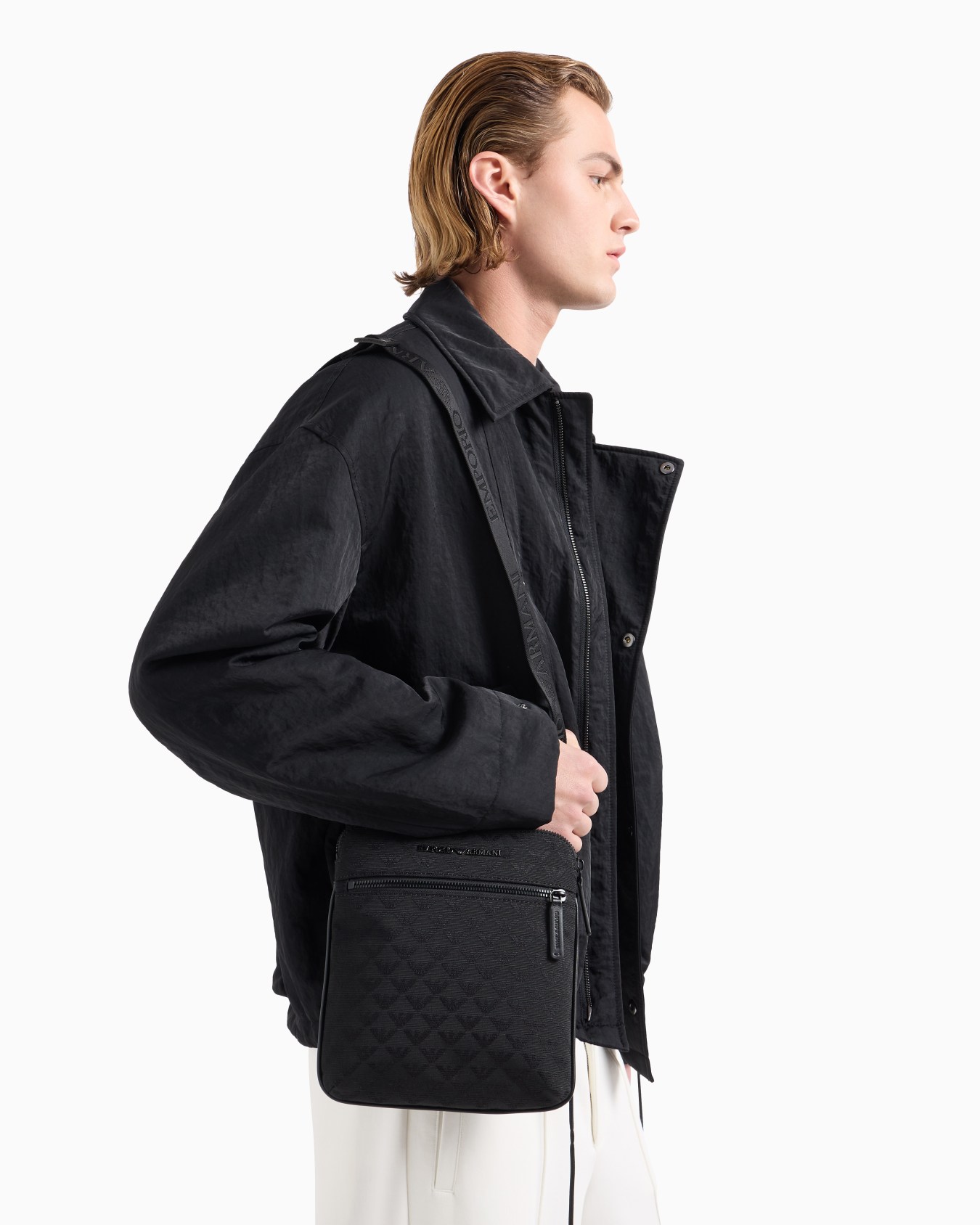 Flat nylon shoulder bag with all-over jacquard eagle Slide 5