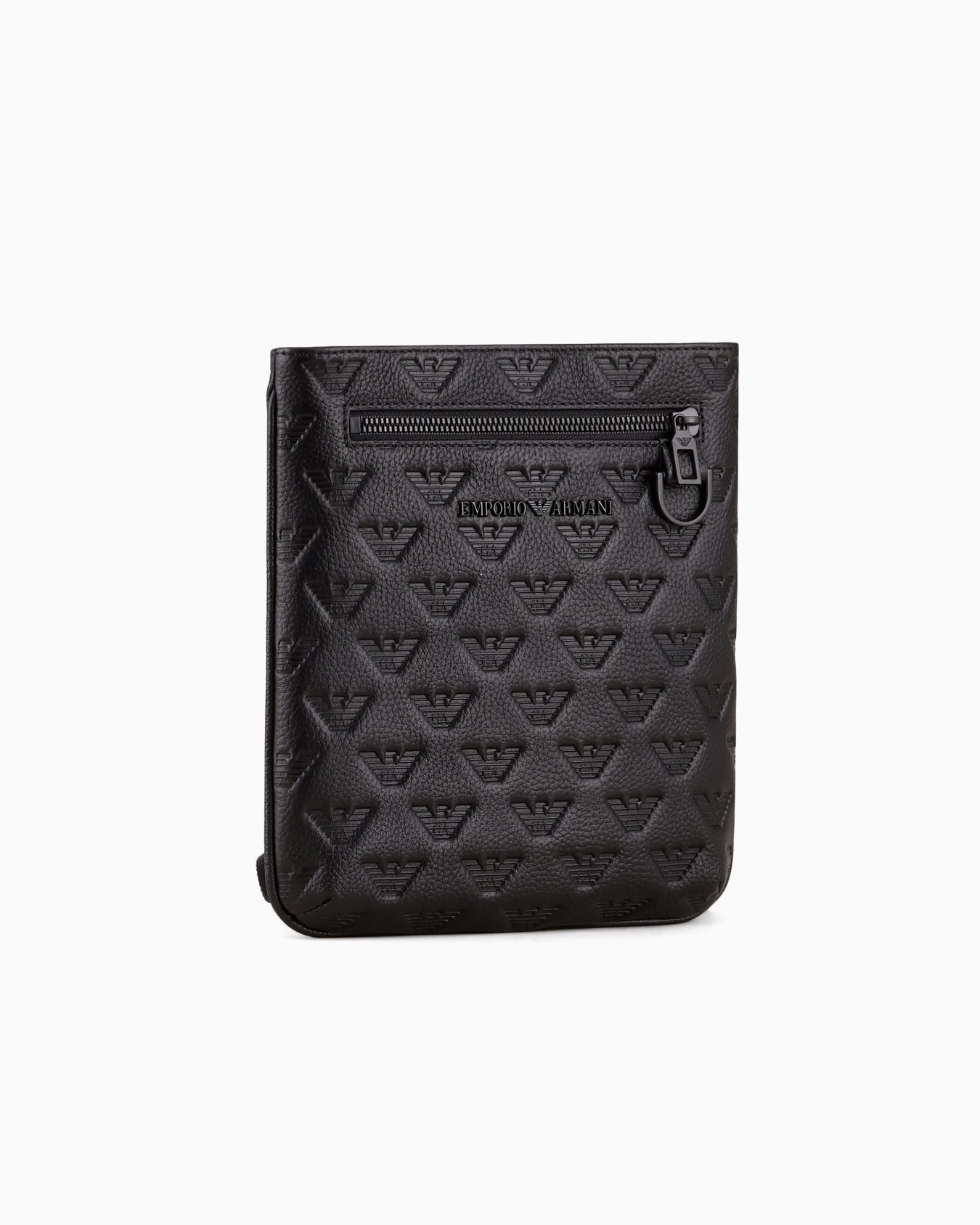 Flat leather shoulder bag with all-over embossed eagle Slide 1