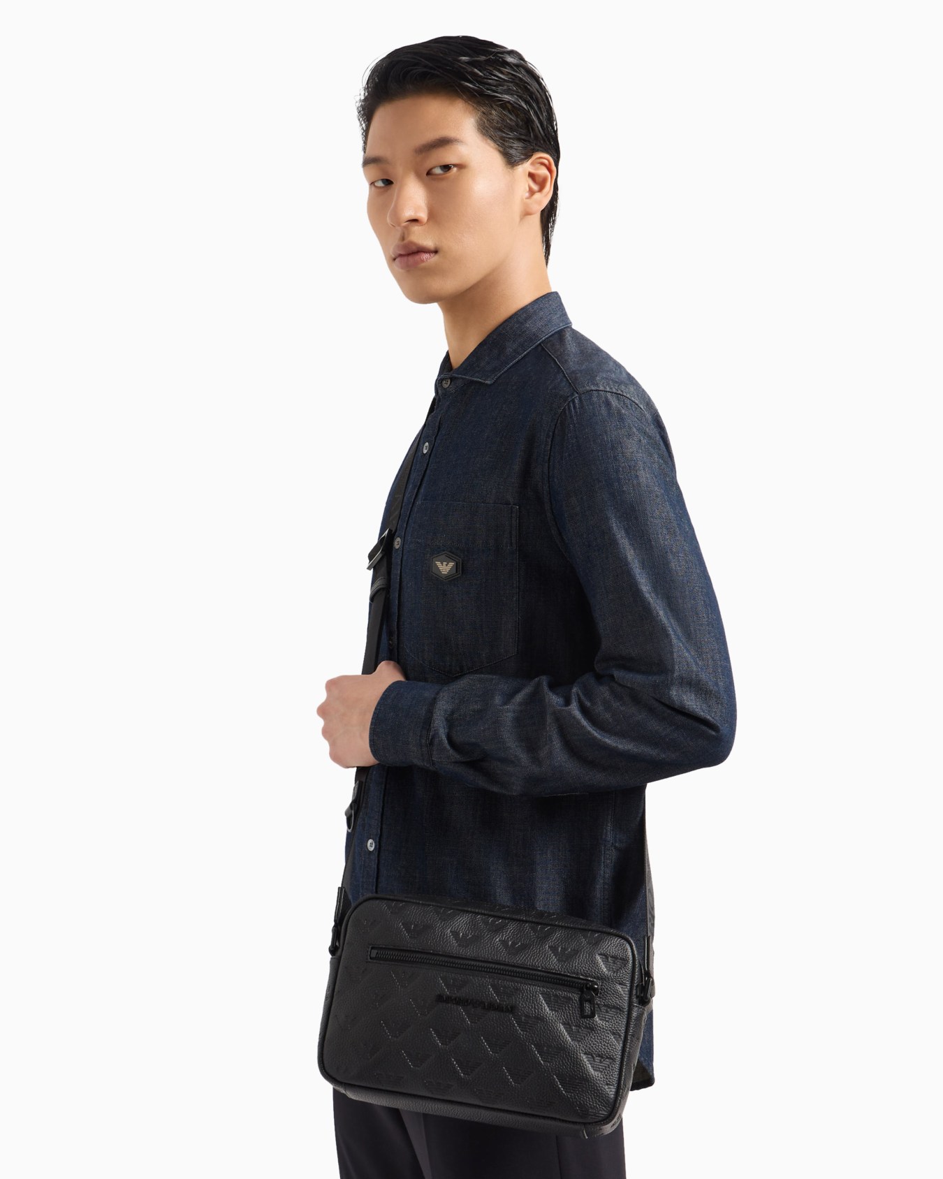 Leather shoulder bag with all-over embossed eagle Slide 5