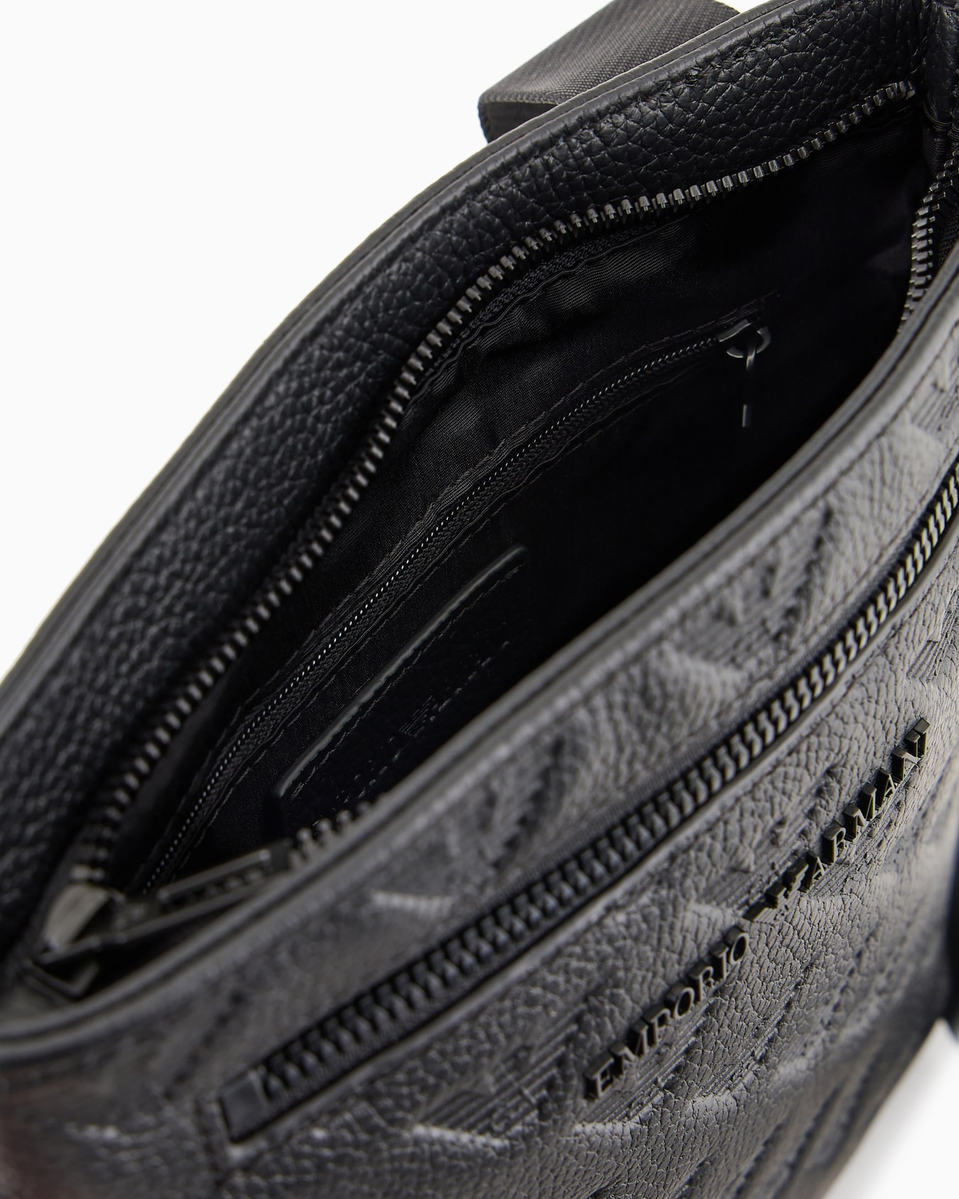Flat leather shoulder bag with all-over embossed eagle Slide 3