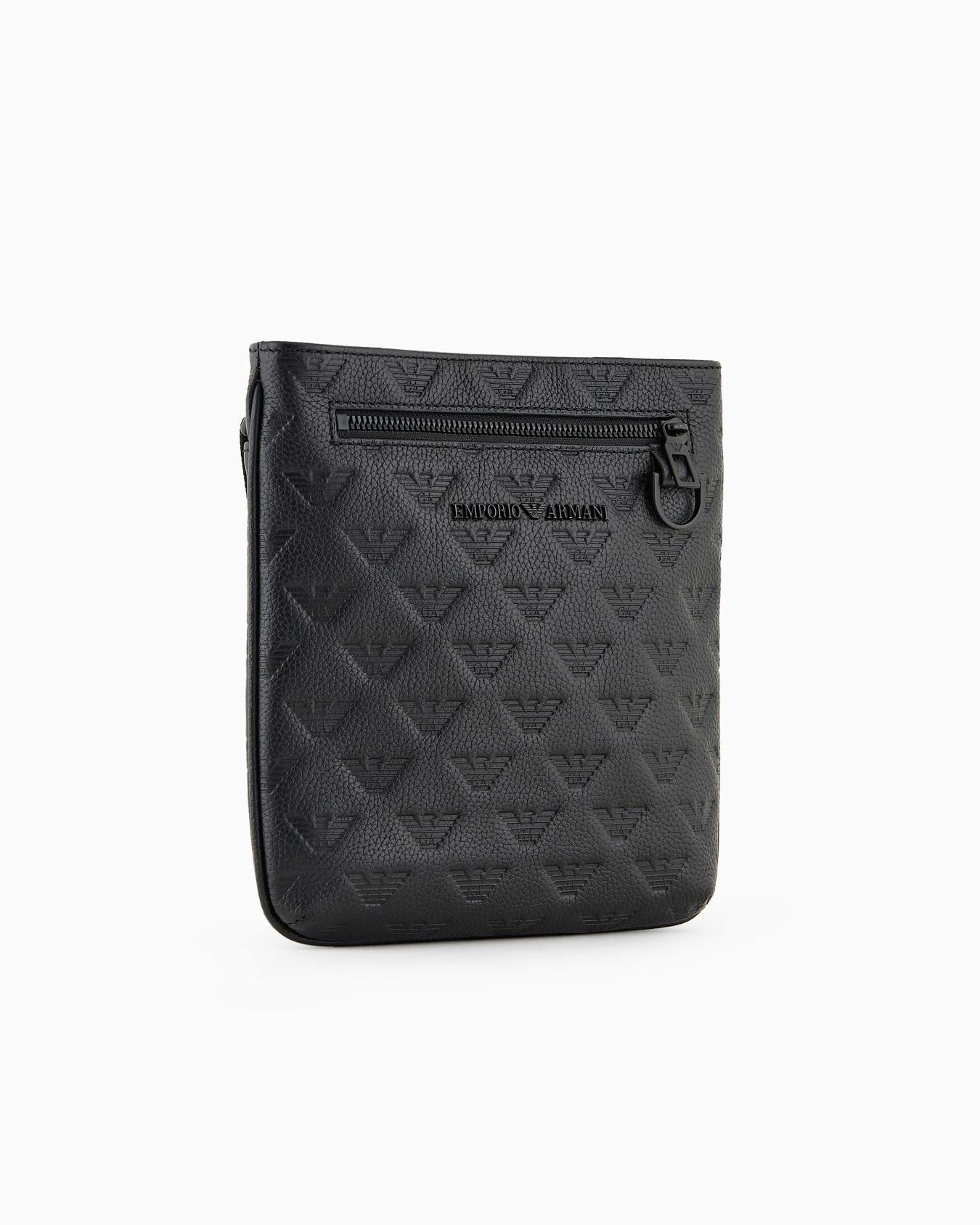 Flat leather shoulder bag with all-over embossed eagle Slide 1