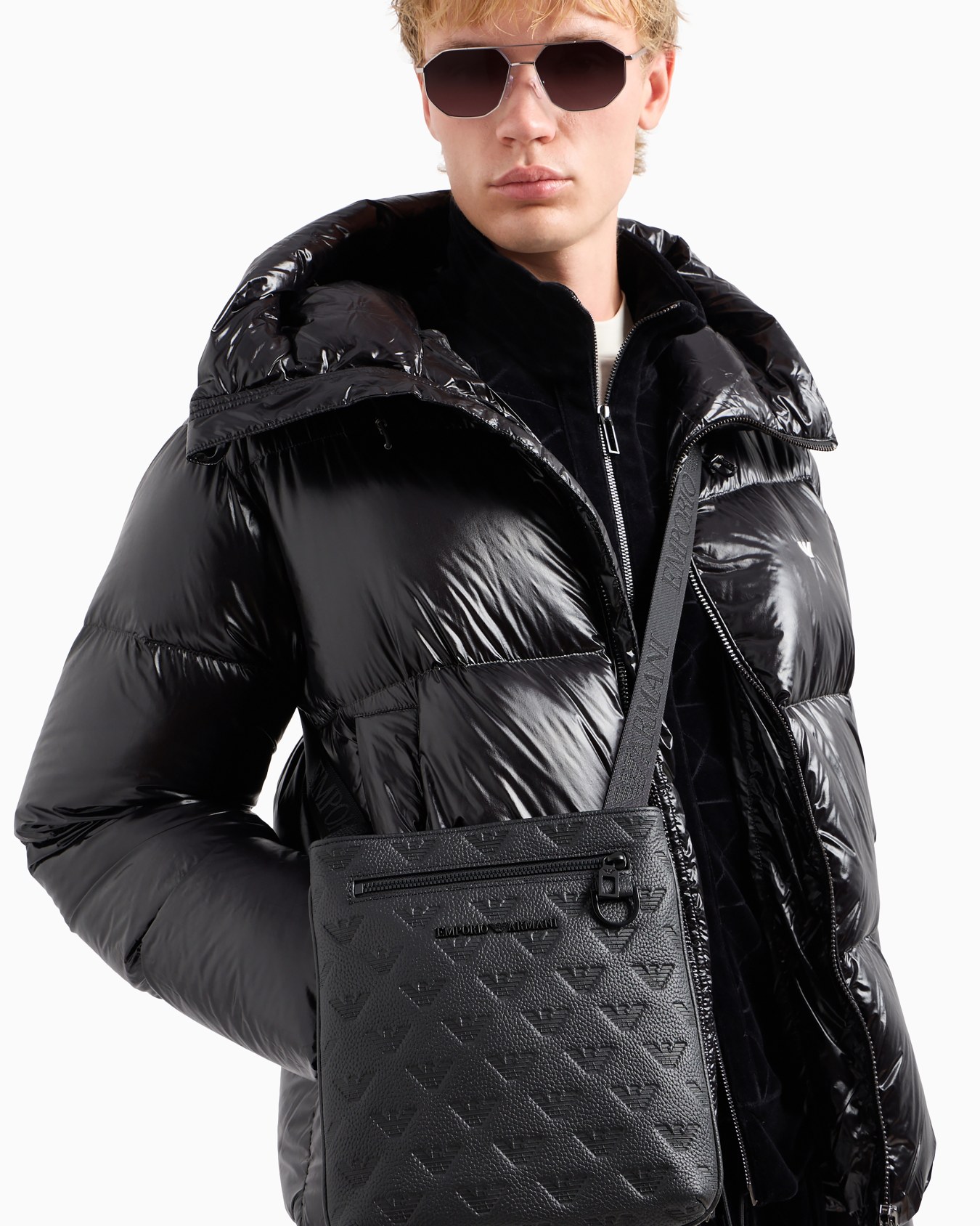 Flat leather shoulder bag with all-over embossed eagle Slide 5