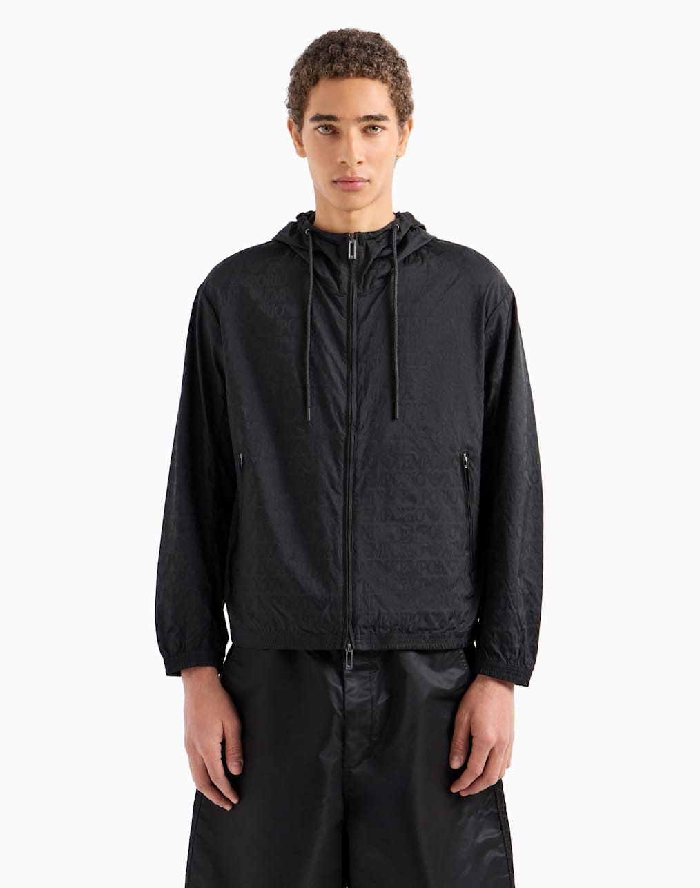 Hooded, water-repellent nylon blouson with logo patch | Emporio