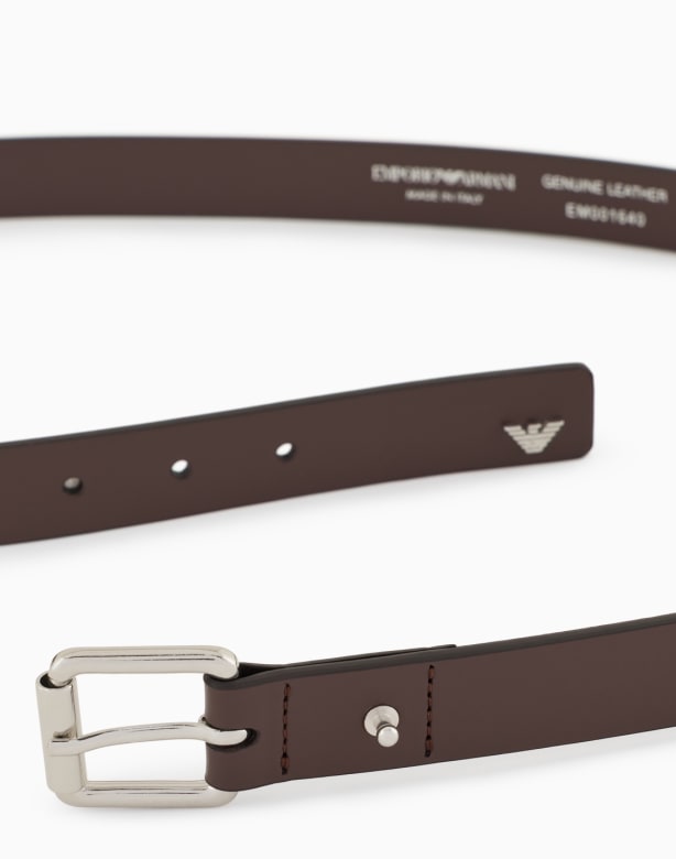 Reversible leather belt with satin metal logo buckle