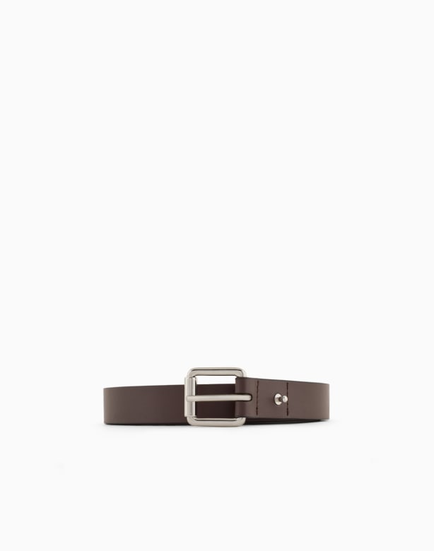 Reversible leather belt with satin metal logo buckle