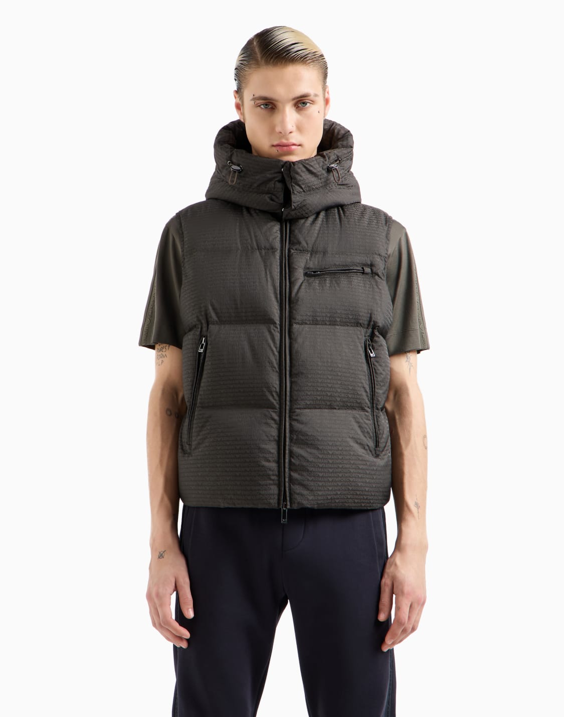zipped-hooded-sleeveless-down-jacket-in-jacquard-nylon-with-all-over-logo-lettering-brown--emporio-armani