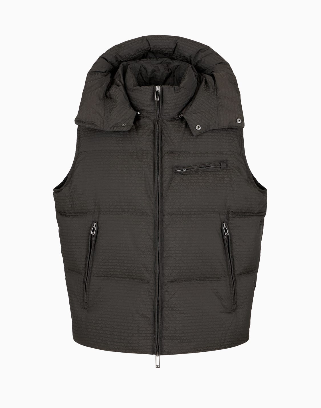 zipped-hooded-sleeveless-down-jacket-in-jacquard-nylon-with-all-over-logo-lettering-brown--emporio-armani