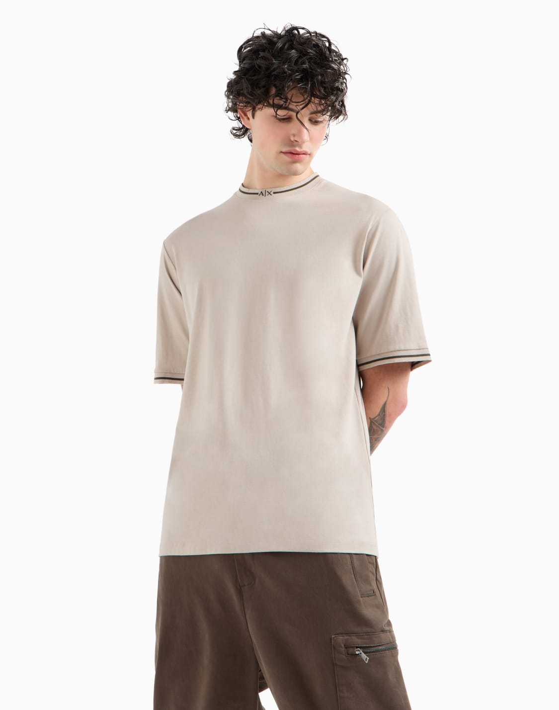 relaxed-fit-t-shirt-with-contrast-piping-in-asv-cotton-beige--armani-exchange