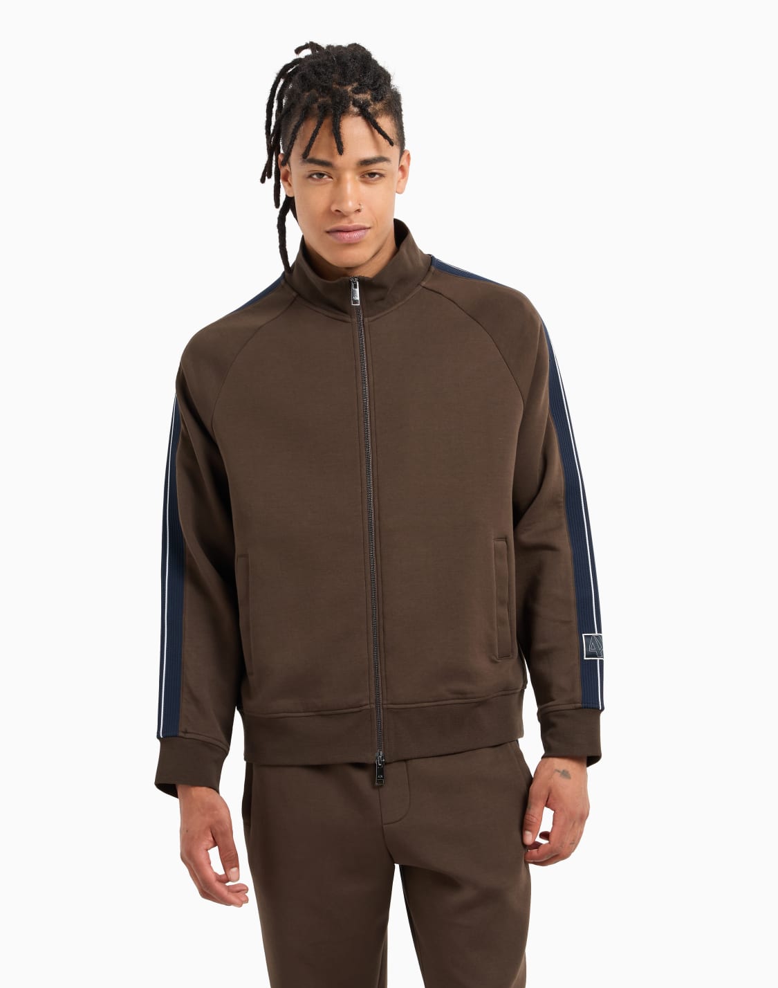 full-zip-sweatshirt-in-bonded-cotton-with-bands-on-the-sleeves-brown--armani-exchange