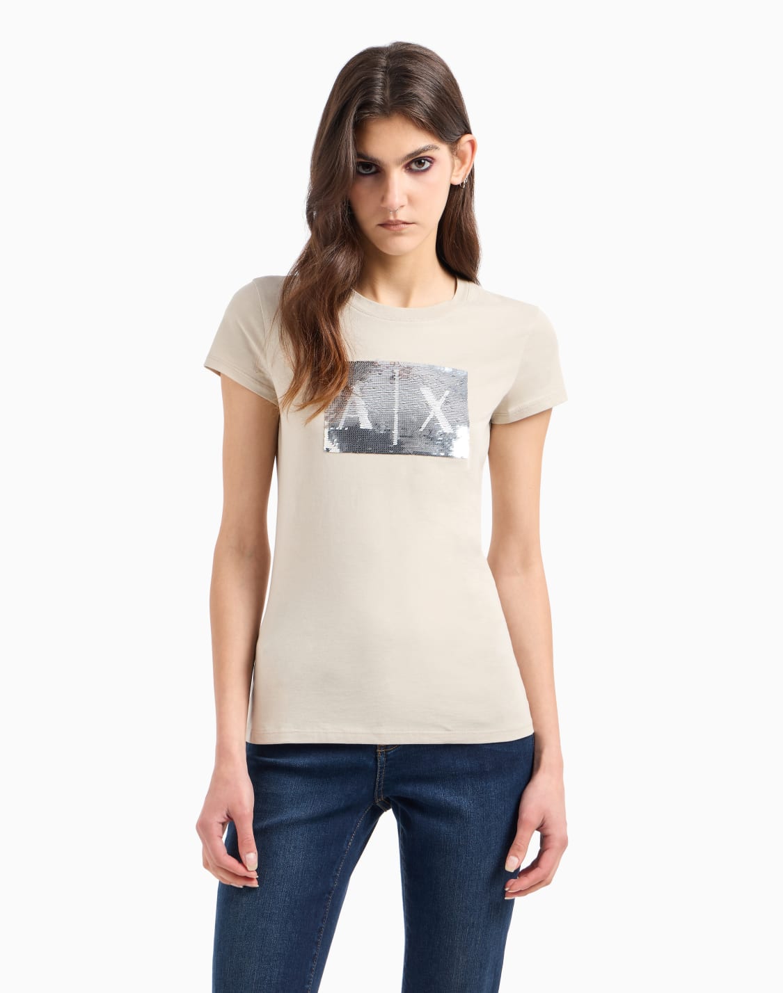 camiseta-slim-fit-con-logo-de-strass-beige--armani-exchange