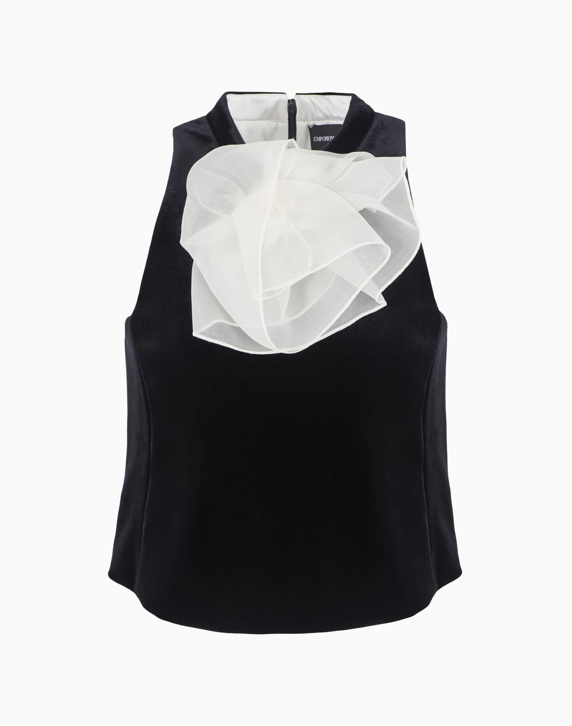 moon-capsule-collection-chenille-jersey-top-with-oversized-brooch-with-organza-ruffles-black--emporio-armani