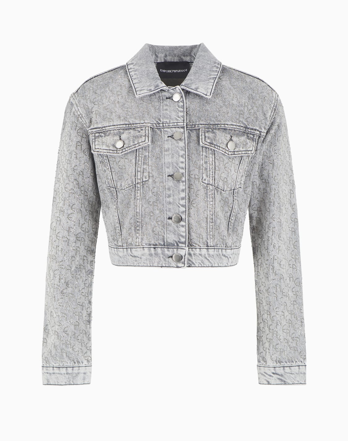 chaqueta-cropped-de-denim-de-125-onzas-con-logotipo-integral-de-strass-gris--emporio-armani
