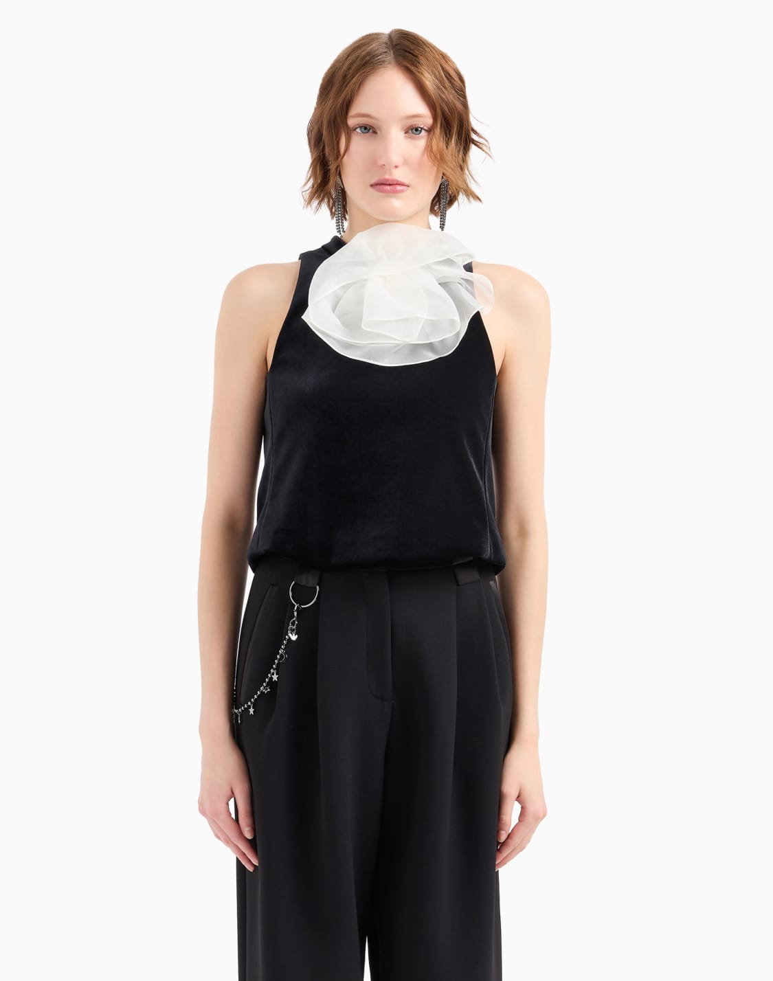 moon-capsule-collection-chenille-jersey-top-with-oversized-brooch-with-organza-ruffles-black--emporio-armani