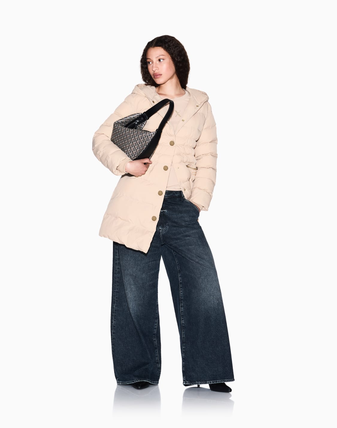 ナイロンタフタ-ゴルドボタン-ロングパファコト-キャメル--armani-exchange