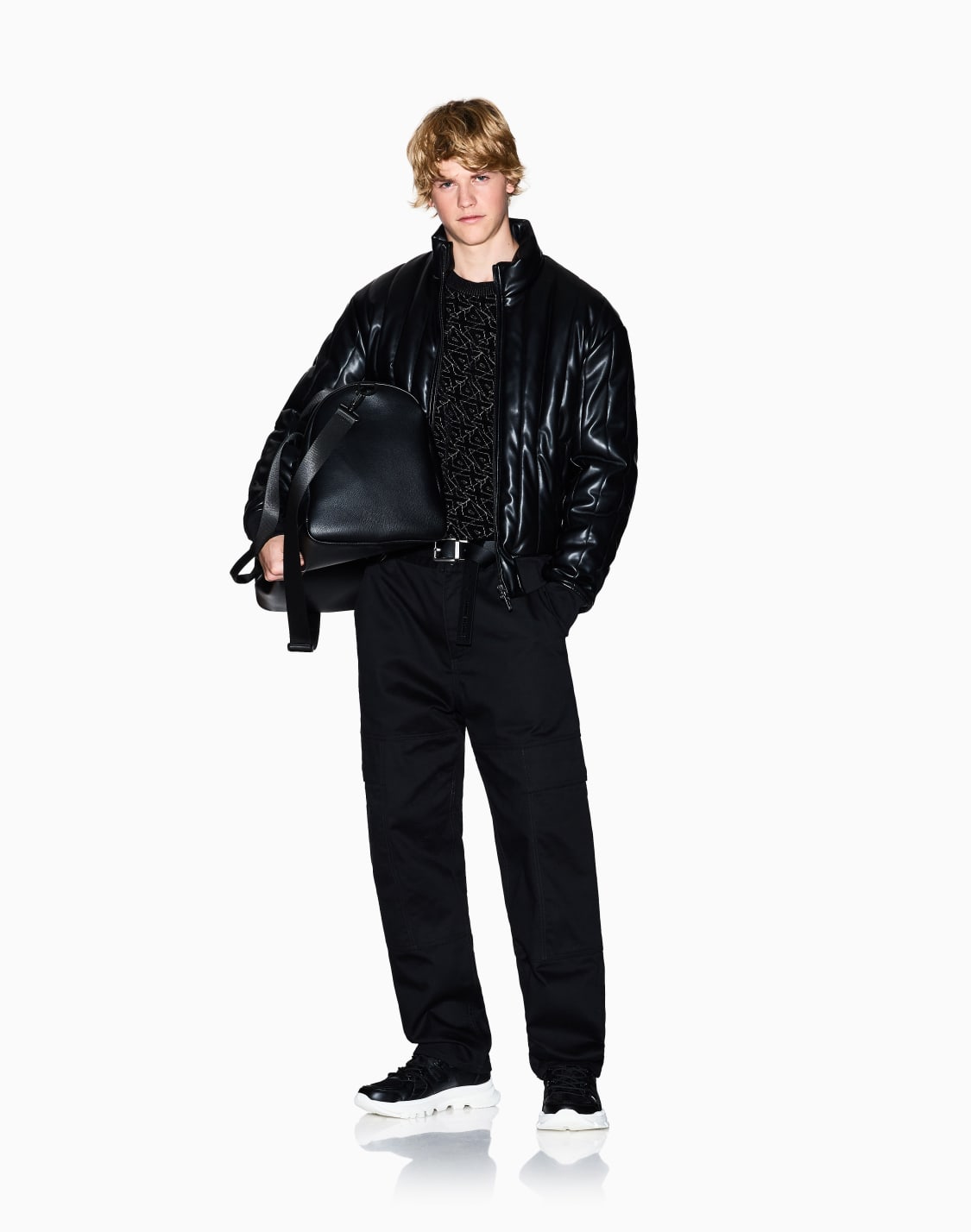 コットンツイル-ワイドカゴパンツ-ブラック--armani-exchange