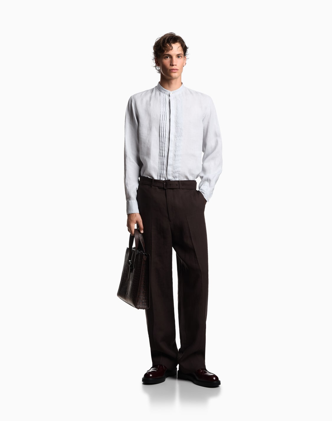 グルカラシャツ-リネン-ガメントダイ-タックディテル-グレ--emporio-armani