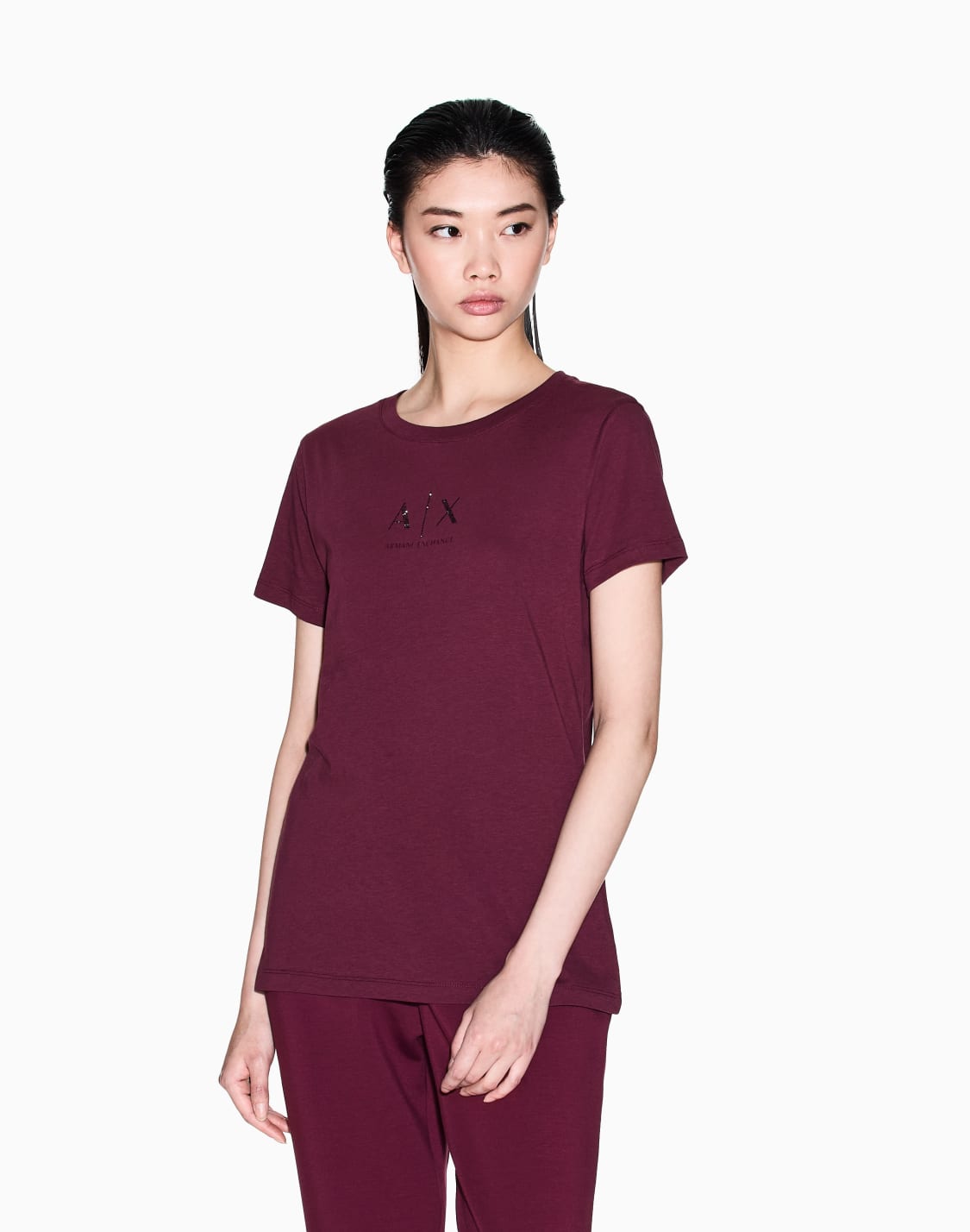 t-shirt-mit-normaler-passform-und-glitzerlogo-burgunderrot--armani-exchange