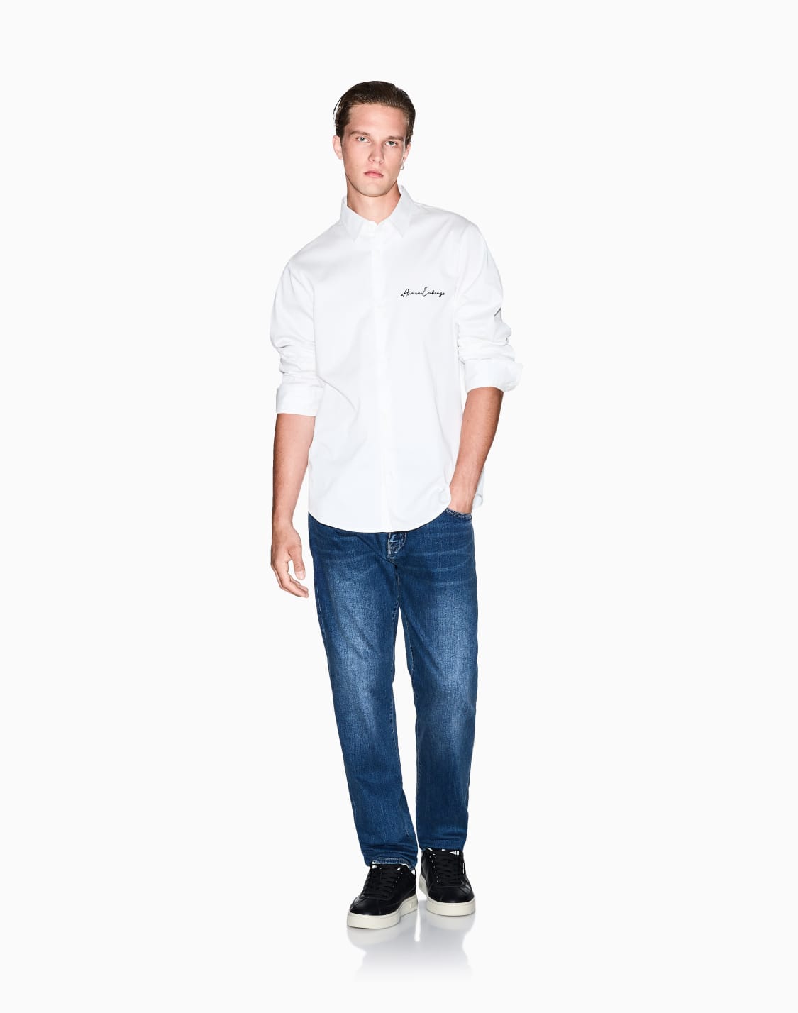 シグネチャロゴ-ストレッチコットンサテンシャツ-ホワイト--armani-exchange