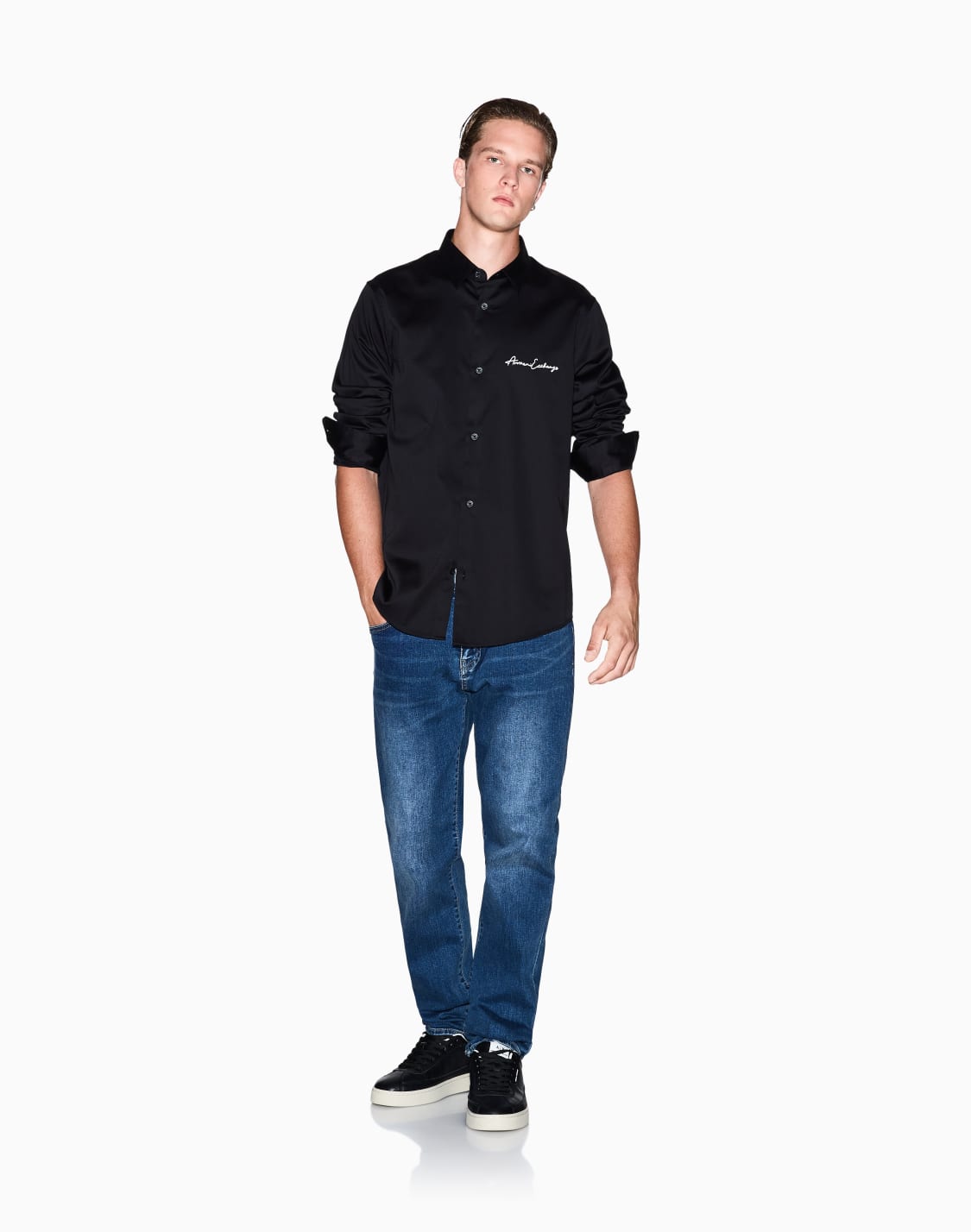シグネチャロゴ-ストレッチコットンサテンシャツ-ブラック--armani-exchange